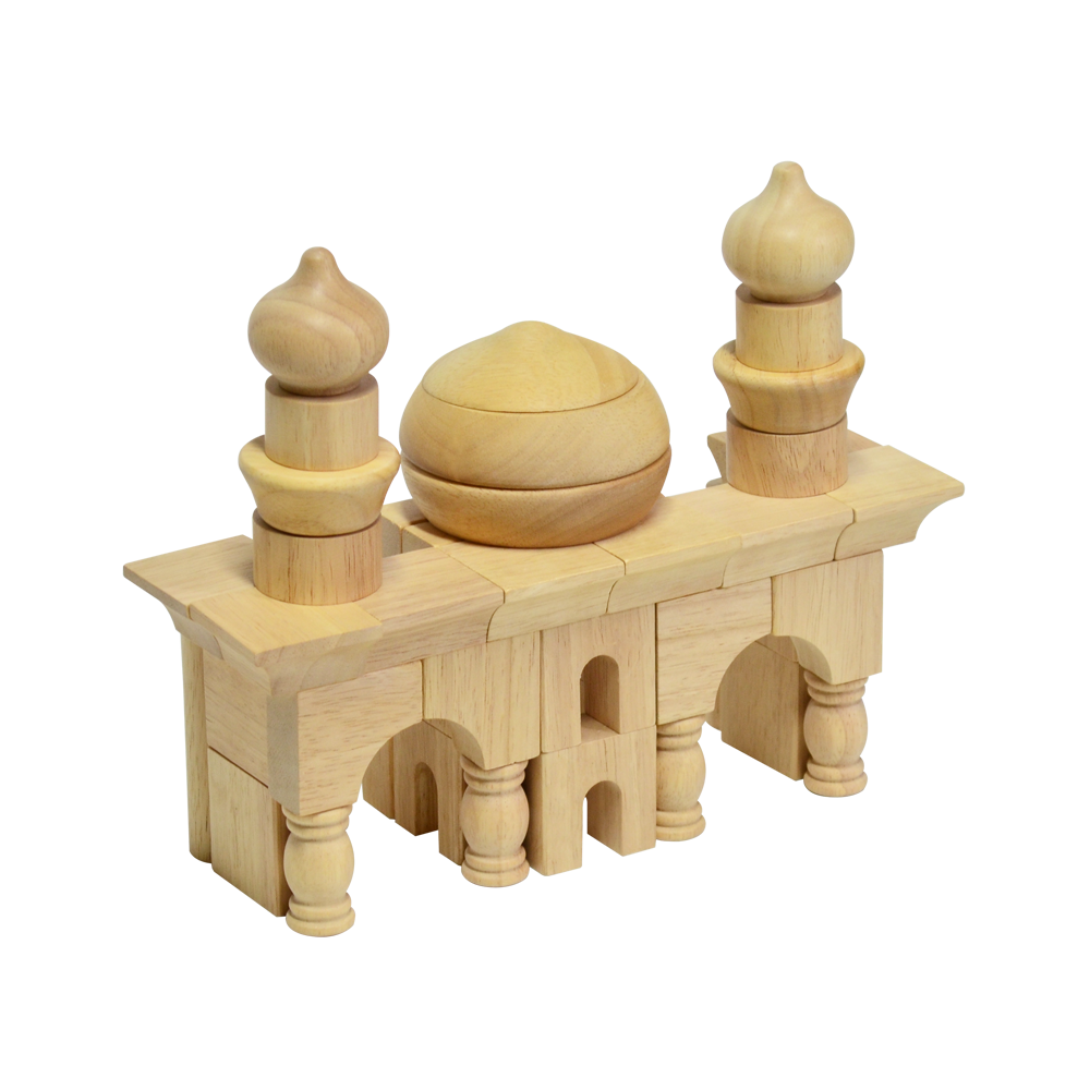 Wooden block construction toy resembling a small mosque with arches and minarets.