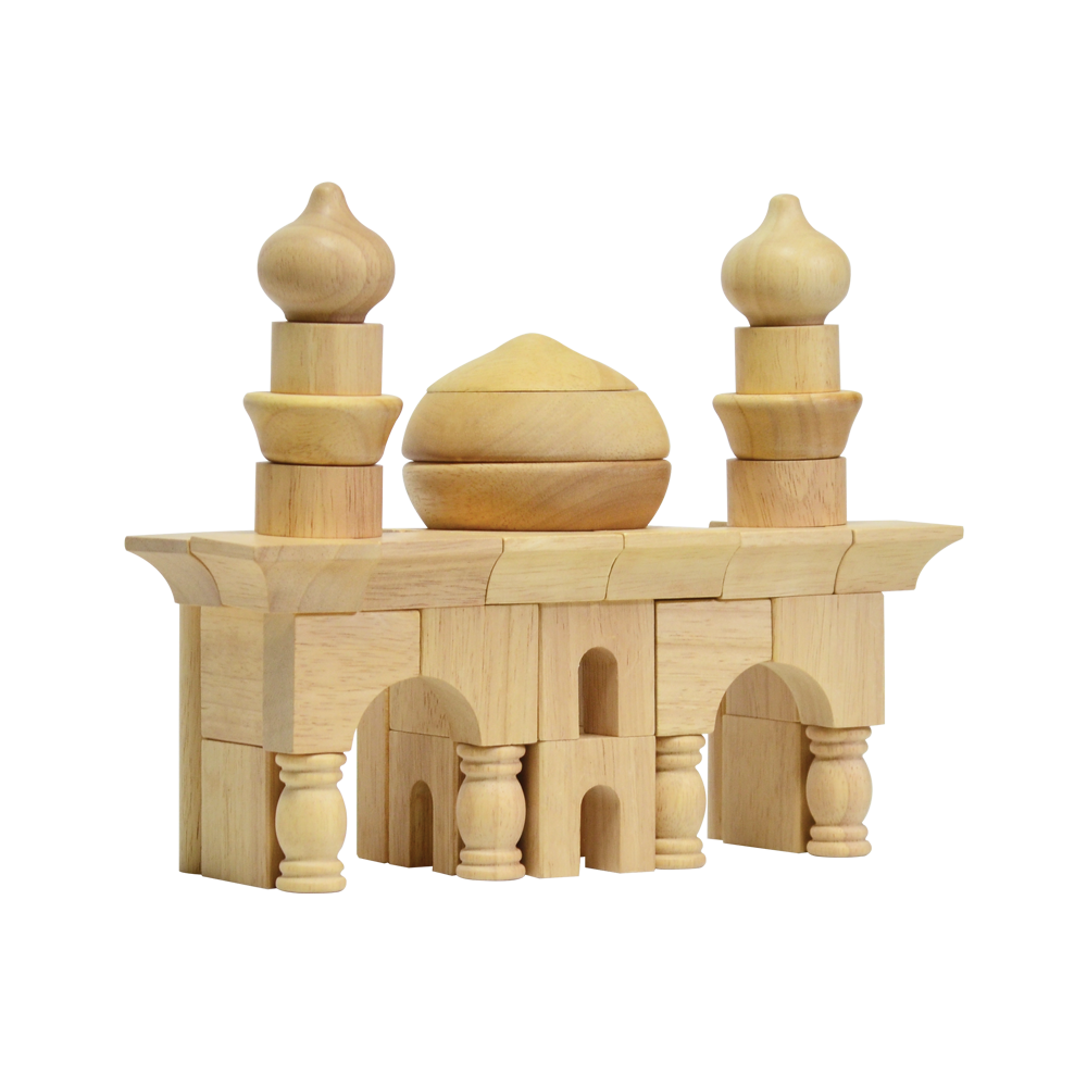 Wooden block construction toy resembling a small mosque with arches and minarets.