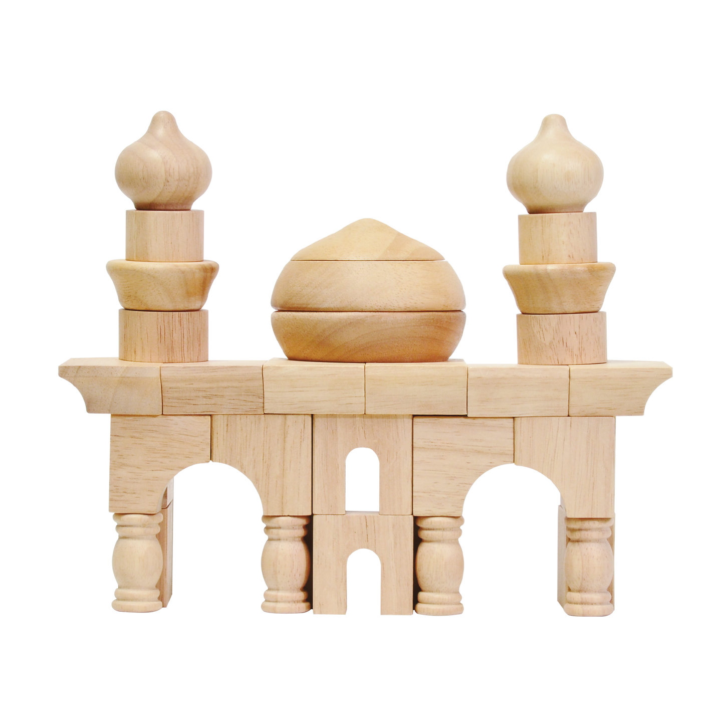 Wooden block construction toy resembling a small mosque with arches and minarets.