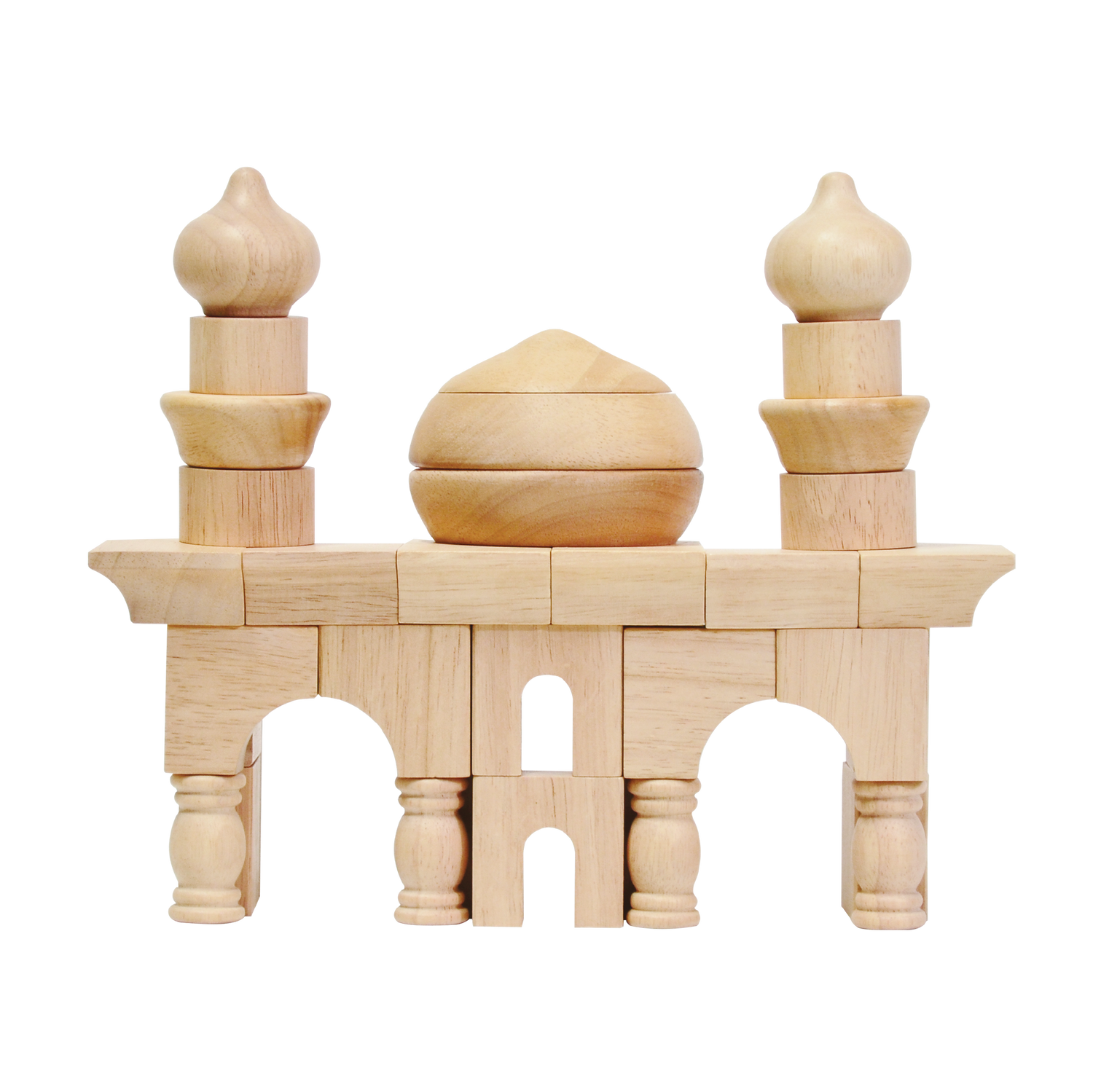 Wooden block construction toy resembling a small mosque with arches and minarets.
