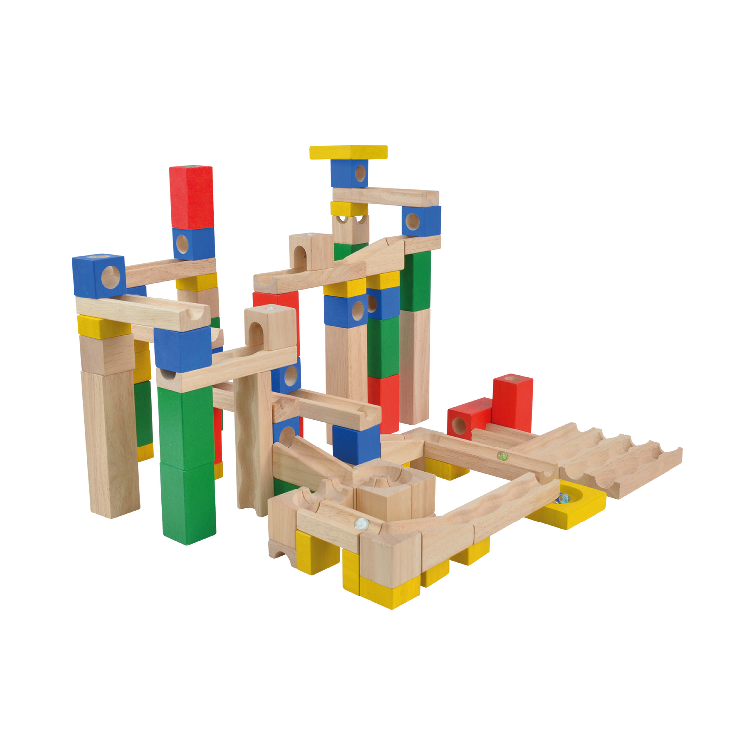 A wooden marble track set with multicolored wooden pieces and a marble run structure.