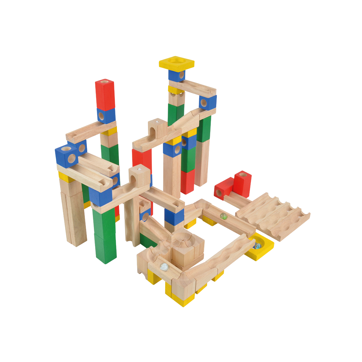 A wooden marble run set with multicolored marbles set up on a track that winds through a series of wooden blocks and tracks on a white background.