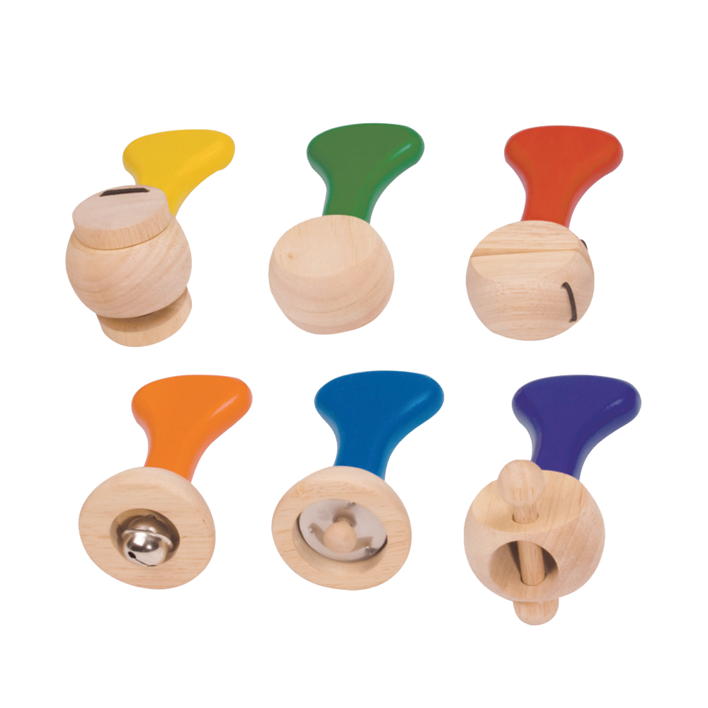 Durable stand holding 6 rhythm instruments: castanet, block drum, jingle bell, jingle stick, clapper, and maracas.