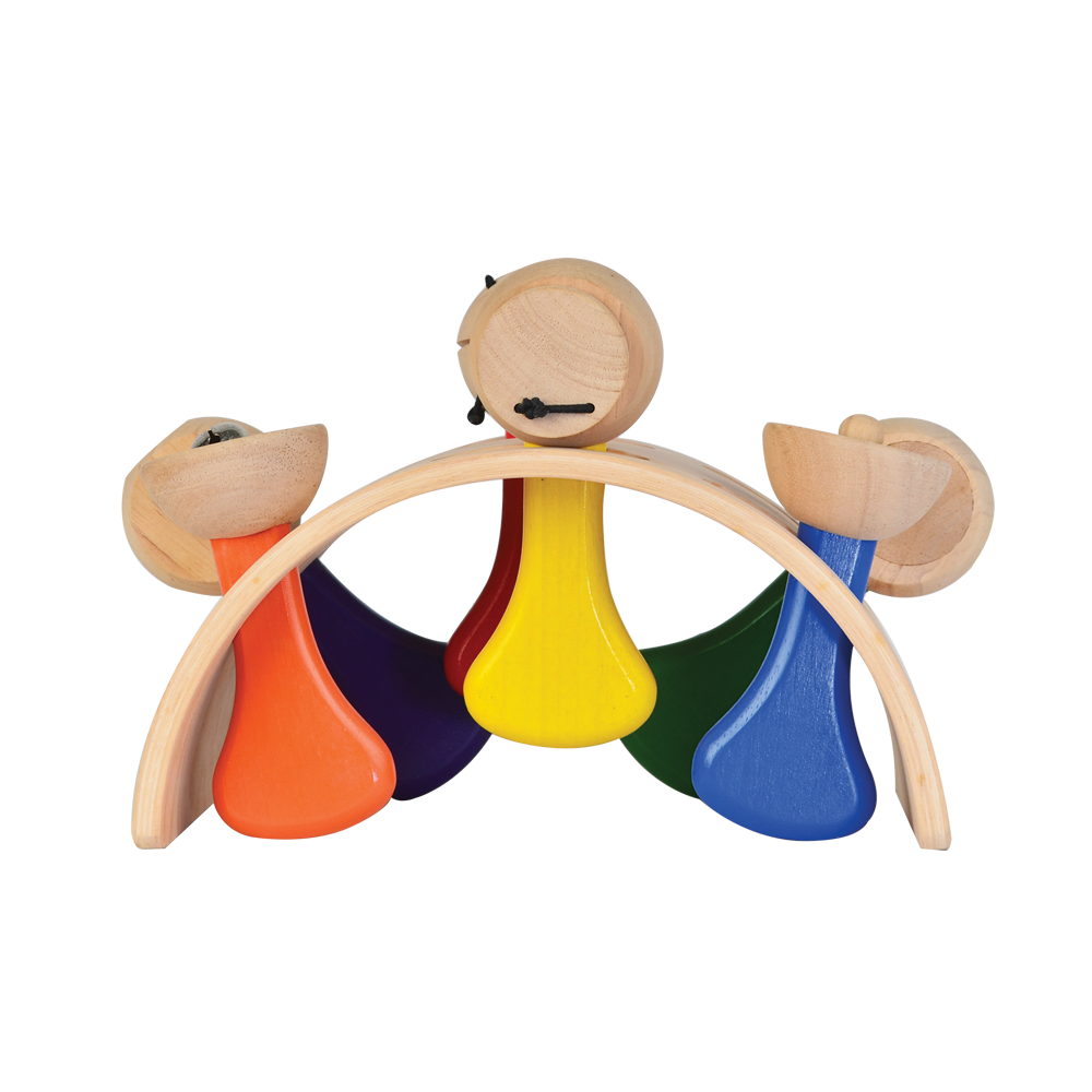 Durable stand holding 6 rhythm instruments: castanet, block drum, jingle bell, jingle stick, clapper, and maracas.