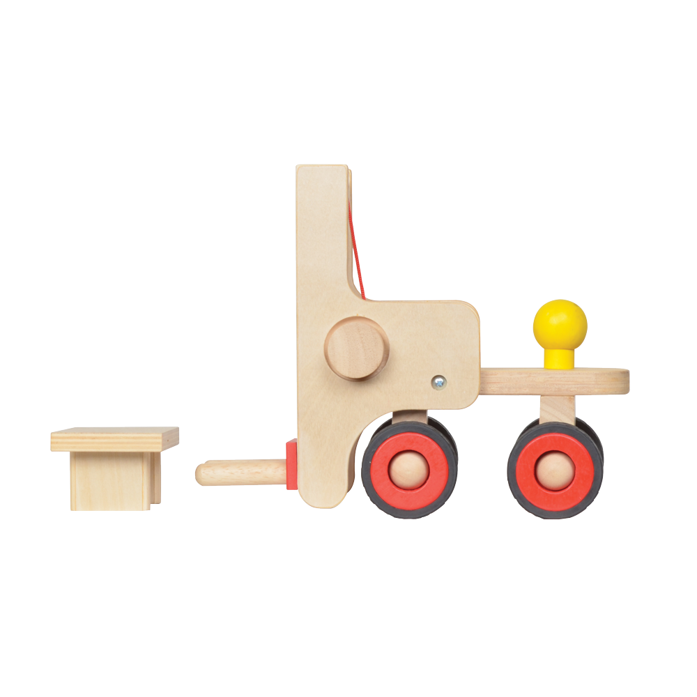 A wooden toy forklift truck with rubber wheels, featuring red and black accents and a yellow handle.