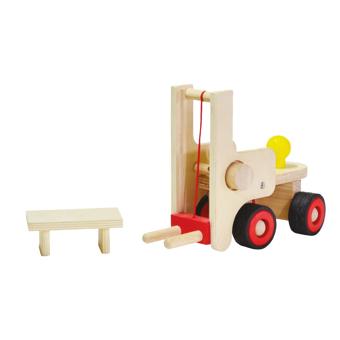A wooden toy forklift truck with rubber wheels, featuring red and black accents and a yellow handle.