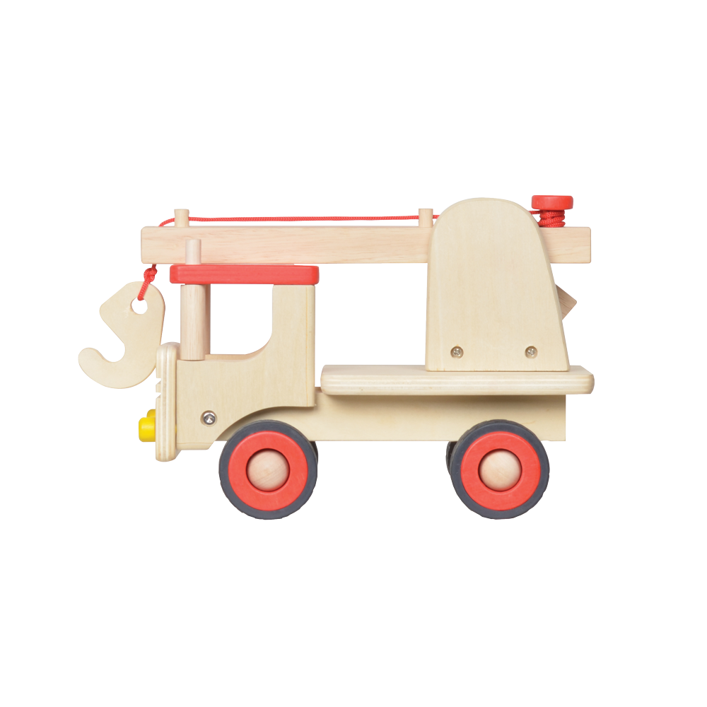 A wooden toy crane truck with red wheels and a cranking knob.