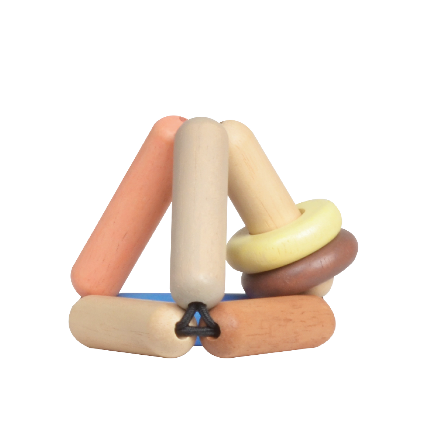 A multicolored baby rattle toy with a geometric shape and a ring design.