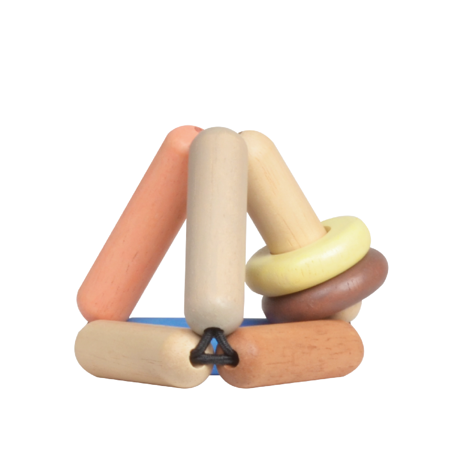 A multicolored baby rattle toy with a geometric shape and a ring design.
