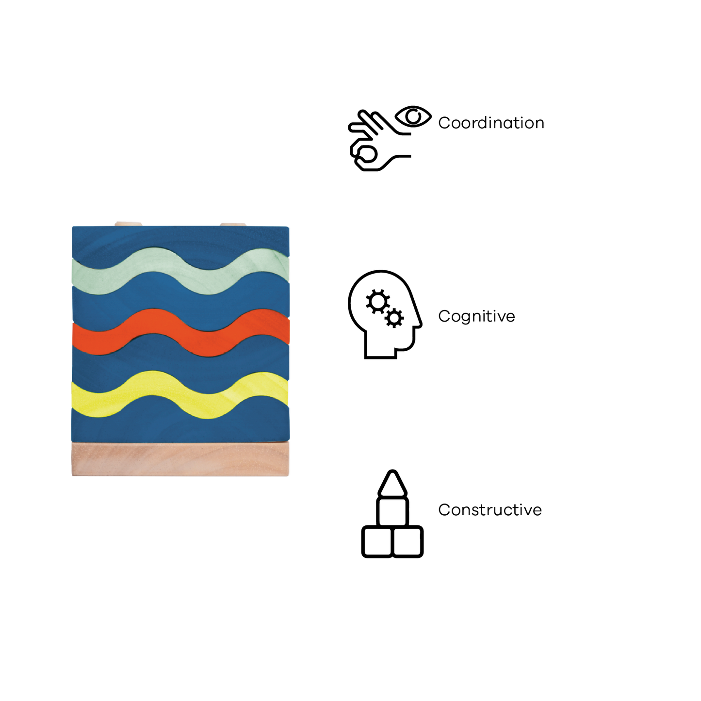 A toy construction set featuring a series of wavy blue and red rods on a natural wood base, designed to represent ocean waves.