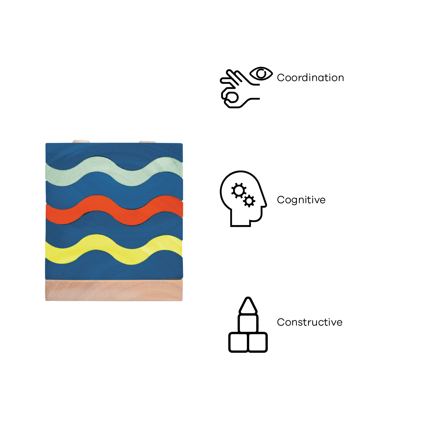 A toy construction set featuring a series of wavy blue and red rods on a natural wood base, designed to represent ocean waves.