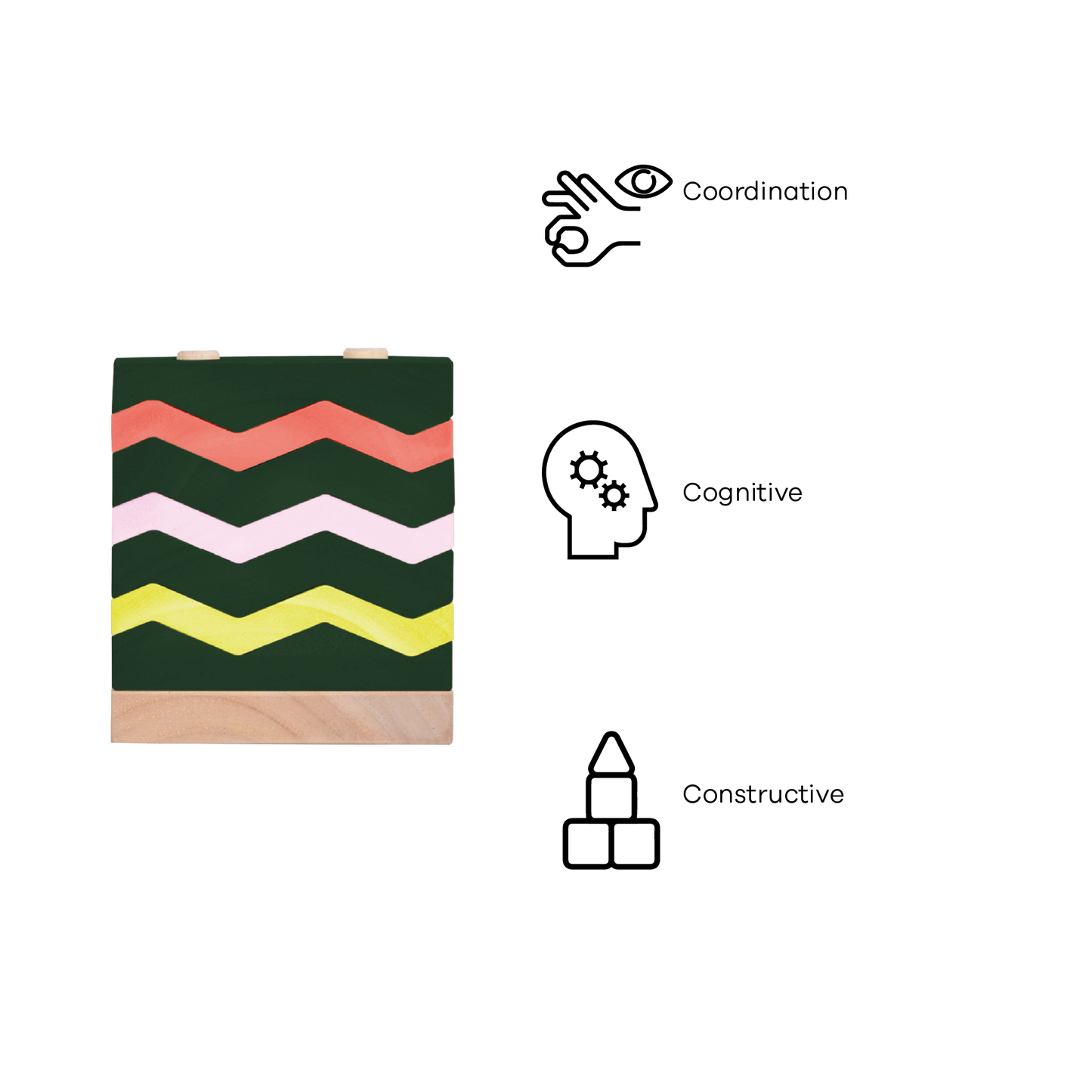 An educational toy consisting of a green block with a pattern of zigzag lines in green, orange, white, and yellow on its upper surface.