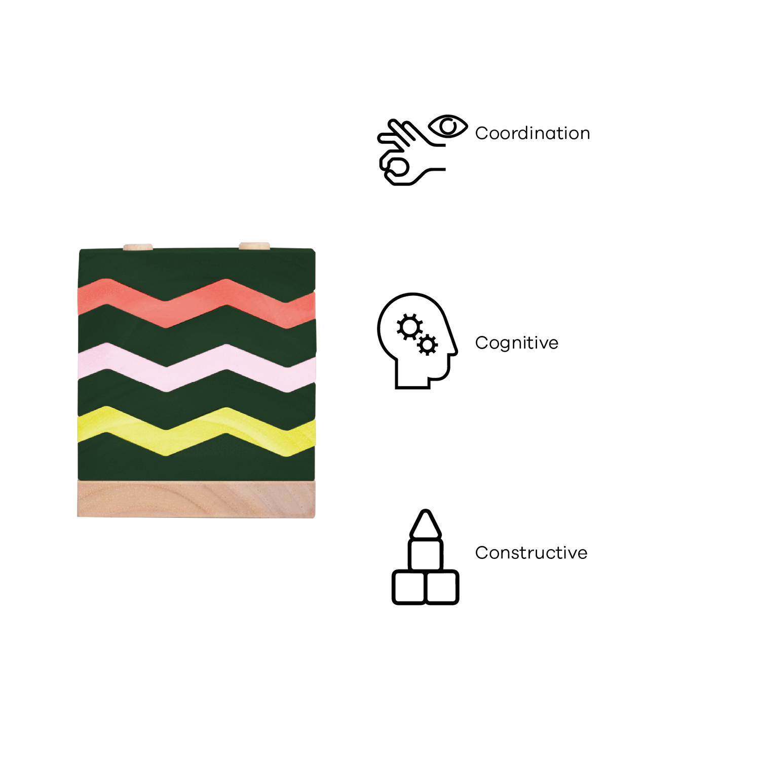 An educational toy consisting of a green block with a pattern of zigzag lines in green, orange, white, and yellow on its upper surface.