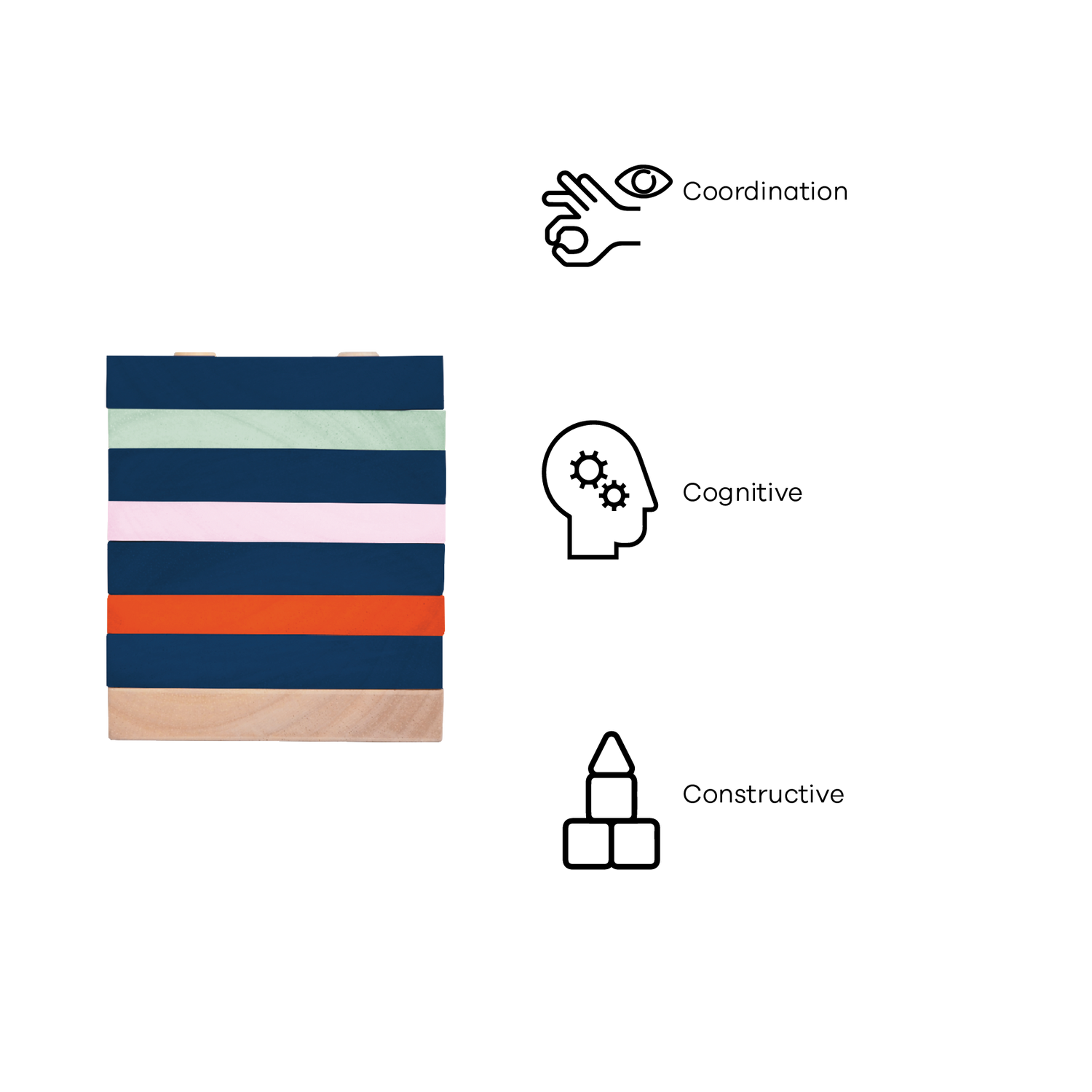 A colorful educational toy consisting of a series of horizontal stripes in various colors on a wooden surface.