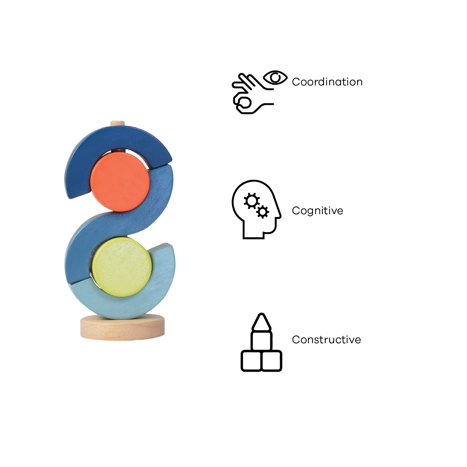 A wooden block toy resembling a segmented circle with red, blue, and green pieces on a wooden base.