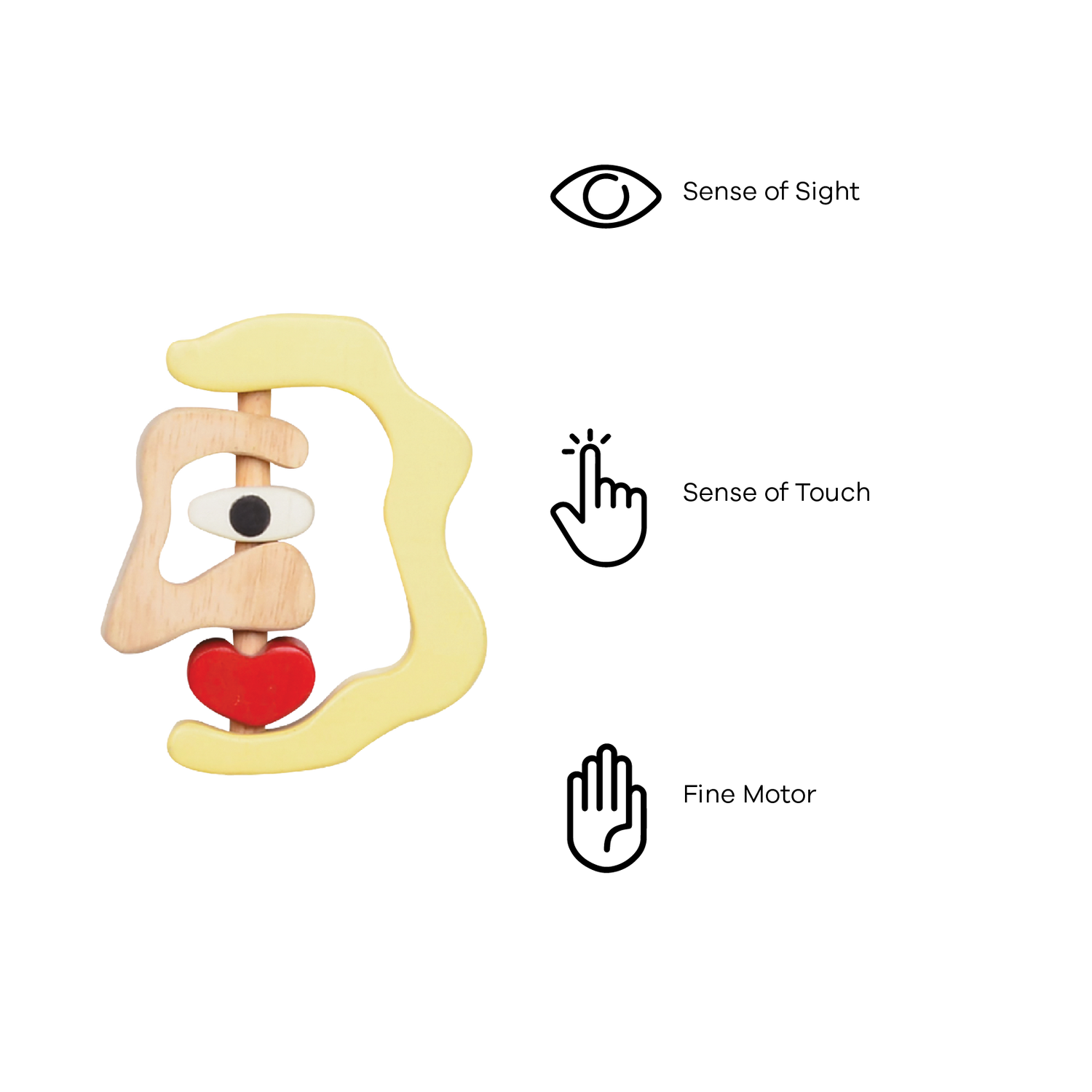 A wooden rattle in the shape of a stylized female face with a red heart detail.