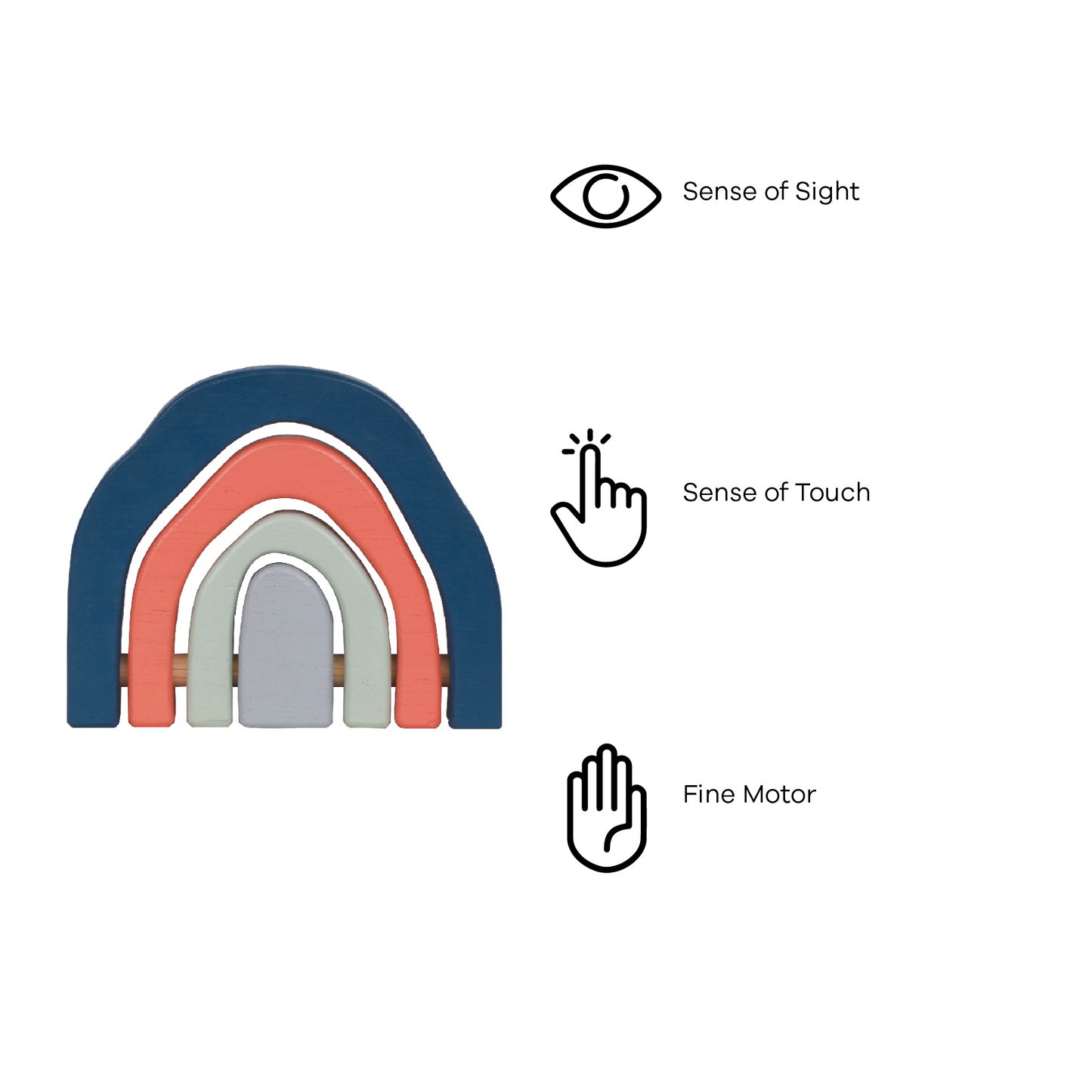A wooden stacking toy in the shape of a rainbow, featuring four curved arches in soft blue, coral, mint, and light gray tones. Perfect for stacking, balancing, and open-ended play that enhances creativity and coordination.