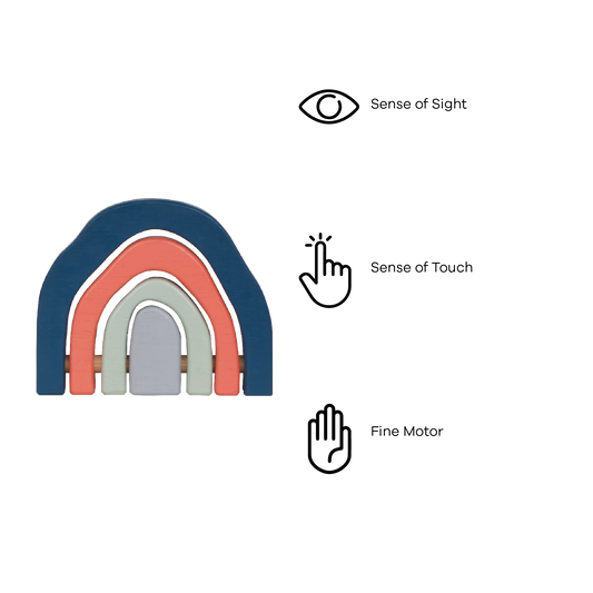 A wooden stacking toy in the shape of a rainbow, featuring four curved arches in soft blue, coral, mint, and light gray tones. Perfect for stacking, balancing, and open-ended play that enhances creativity and coordination.