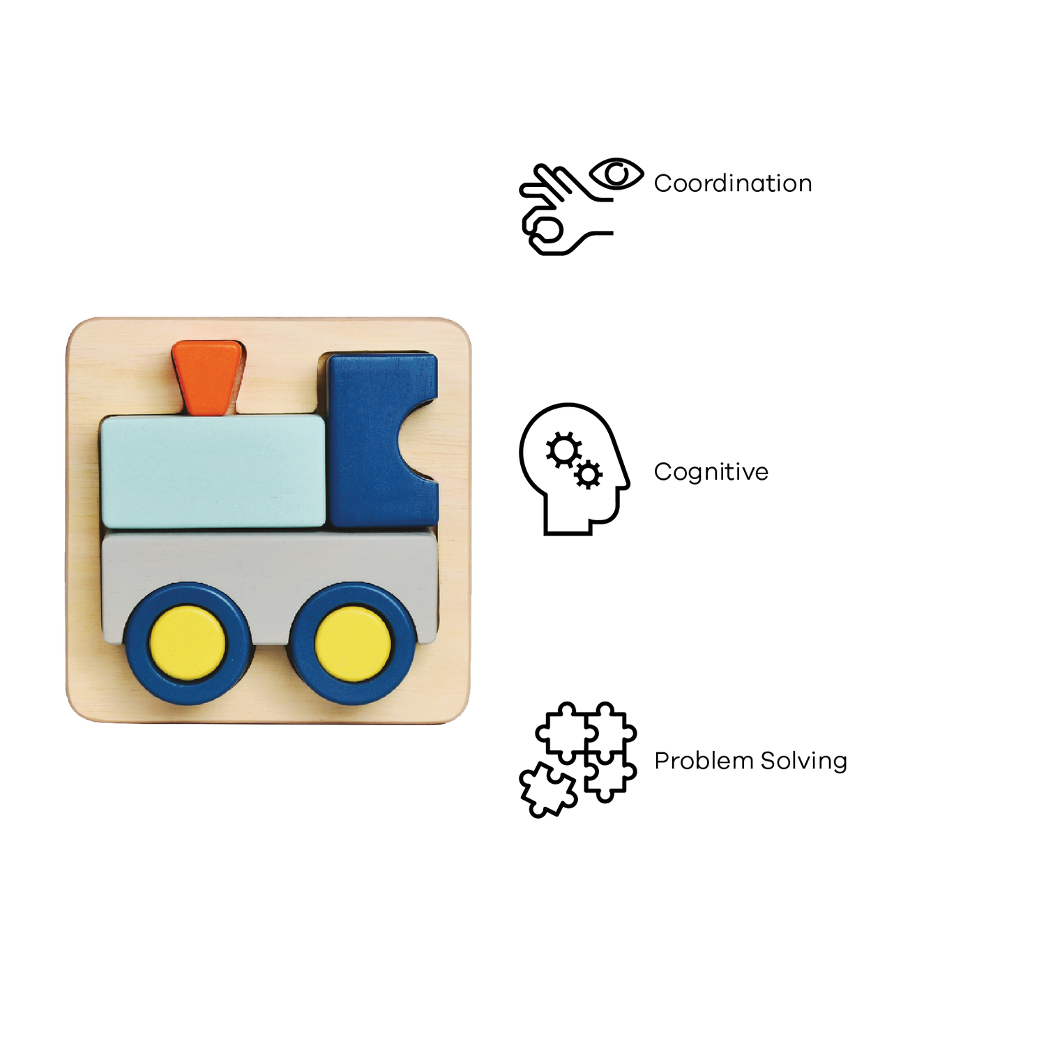A colorful wooden train tray puzzle with large block pieces in blue, red, and yellow.