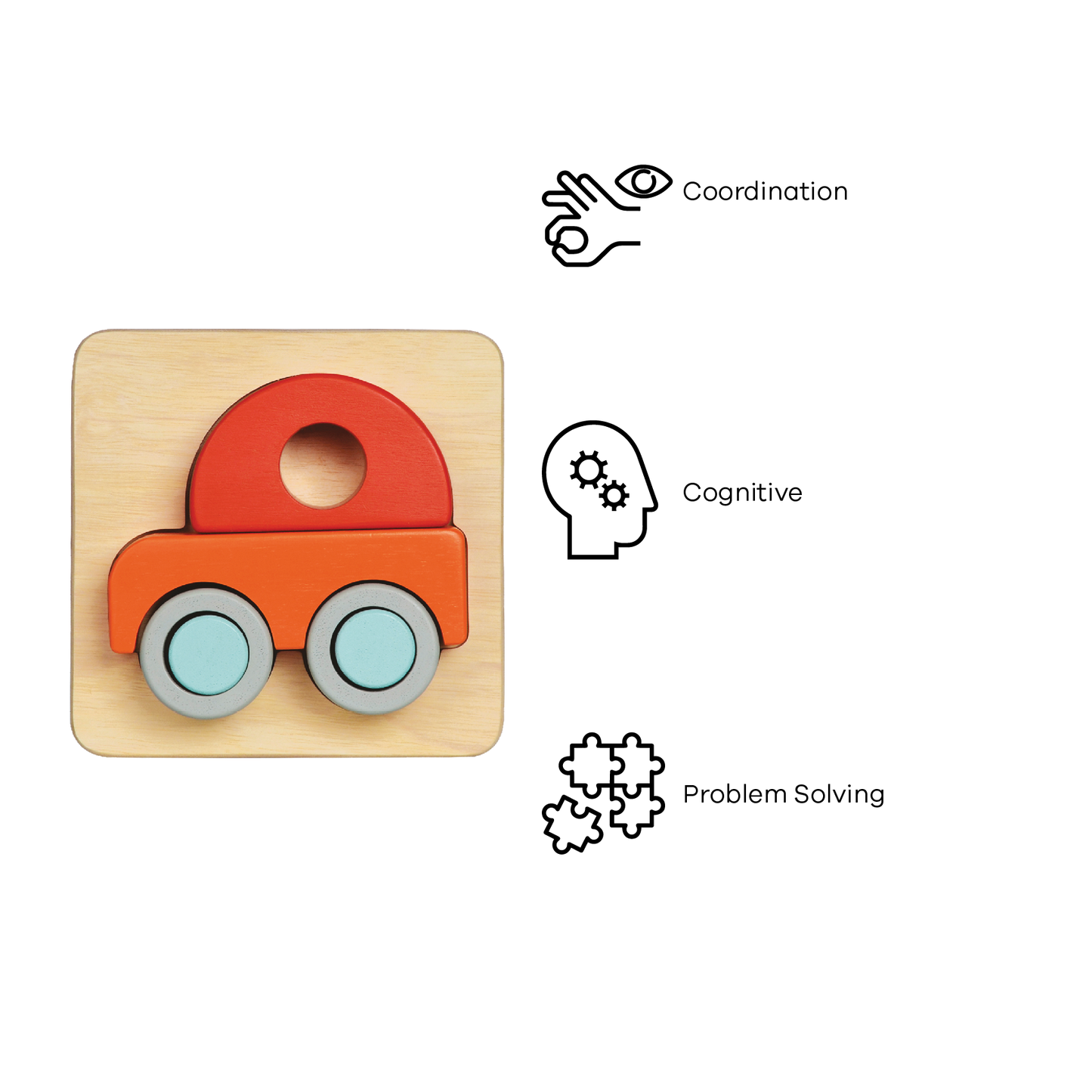 A wooden car tray puzzle with large block pieces in red, blue, and orange colors designed for young children.