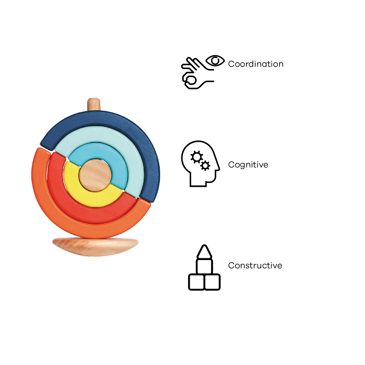 Wooden stacking toy with graduated half-circle pieces to place on a rod. Encourages recognition of size and balance, fine motor skill development, and turn-taking play.