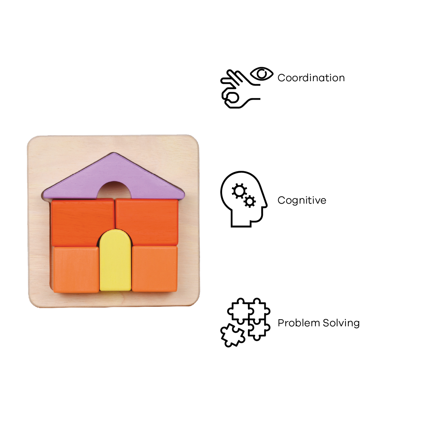 A wooden house tray puzzle with large block pieces in orange, purple, and yellow, designed for young children.