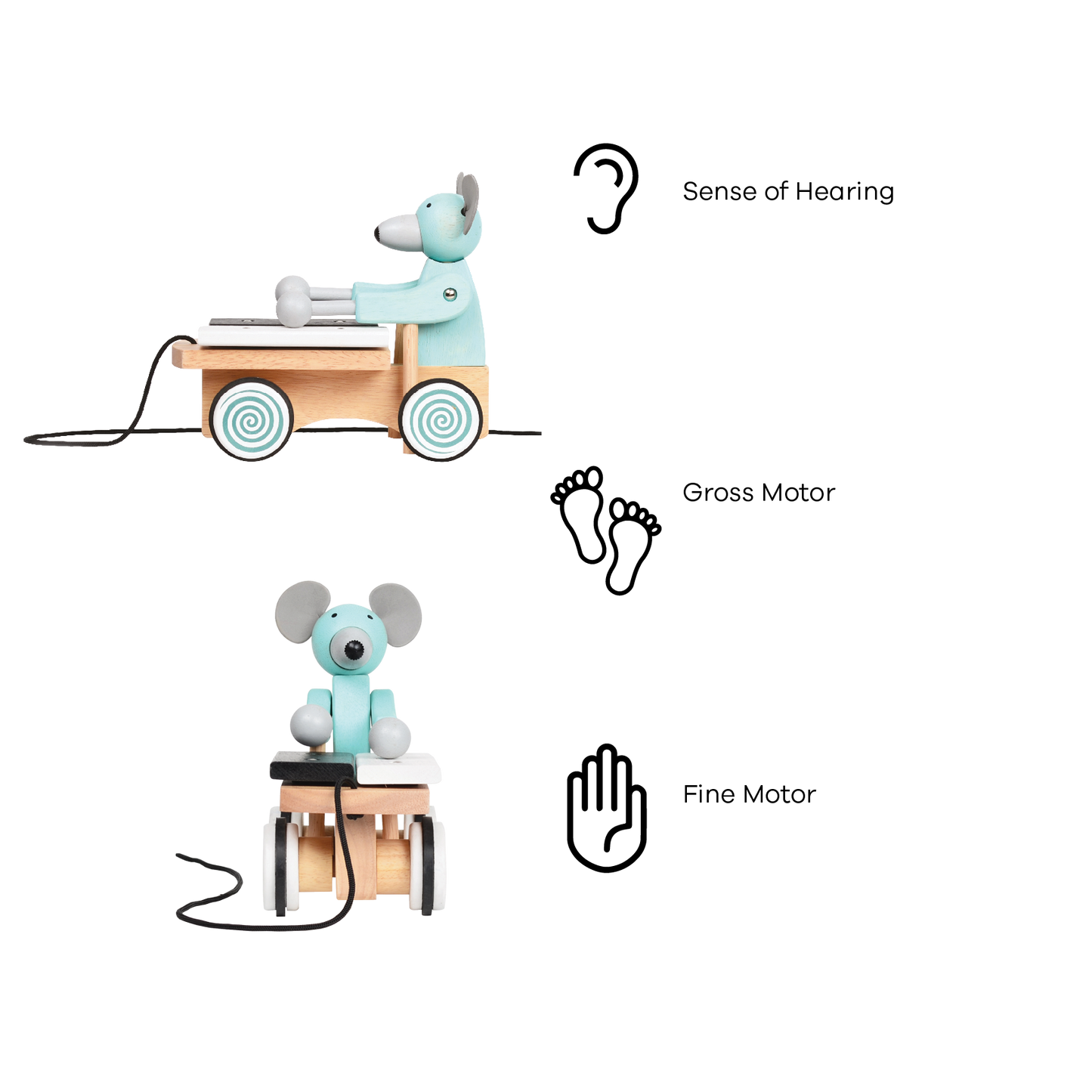 A plush toy xylophone in the shape of a mouse with a blue body, black and white accents, and a wooden xylophone cart with spinning wheels.