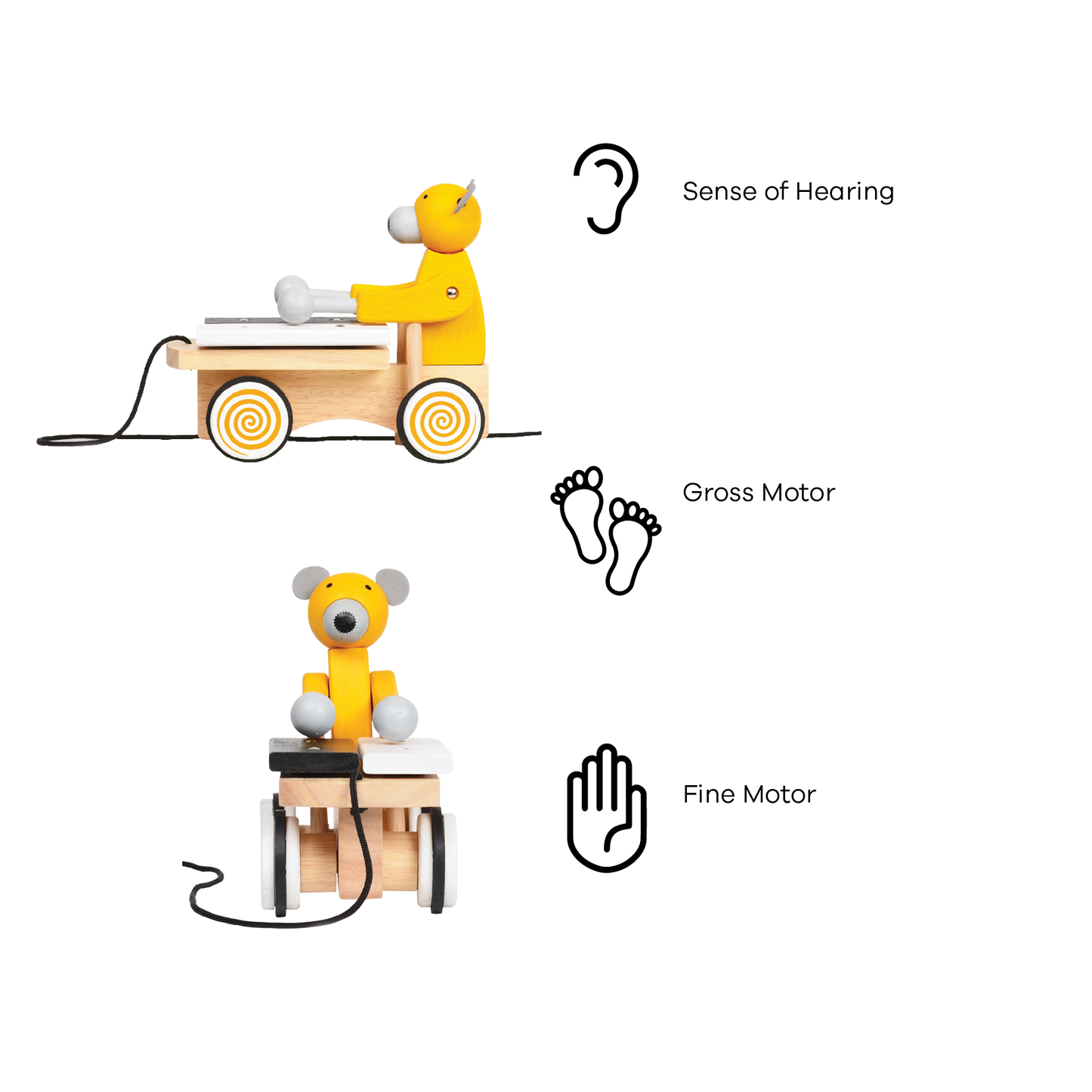 A colorful toy xylophone in the shape of a cartoon bear with yellow body and black hair, attached to a wooden structure resembling a stomach and intestines, on a spiral-patterned base.