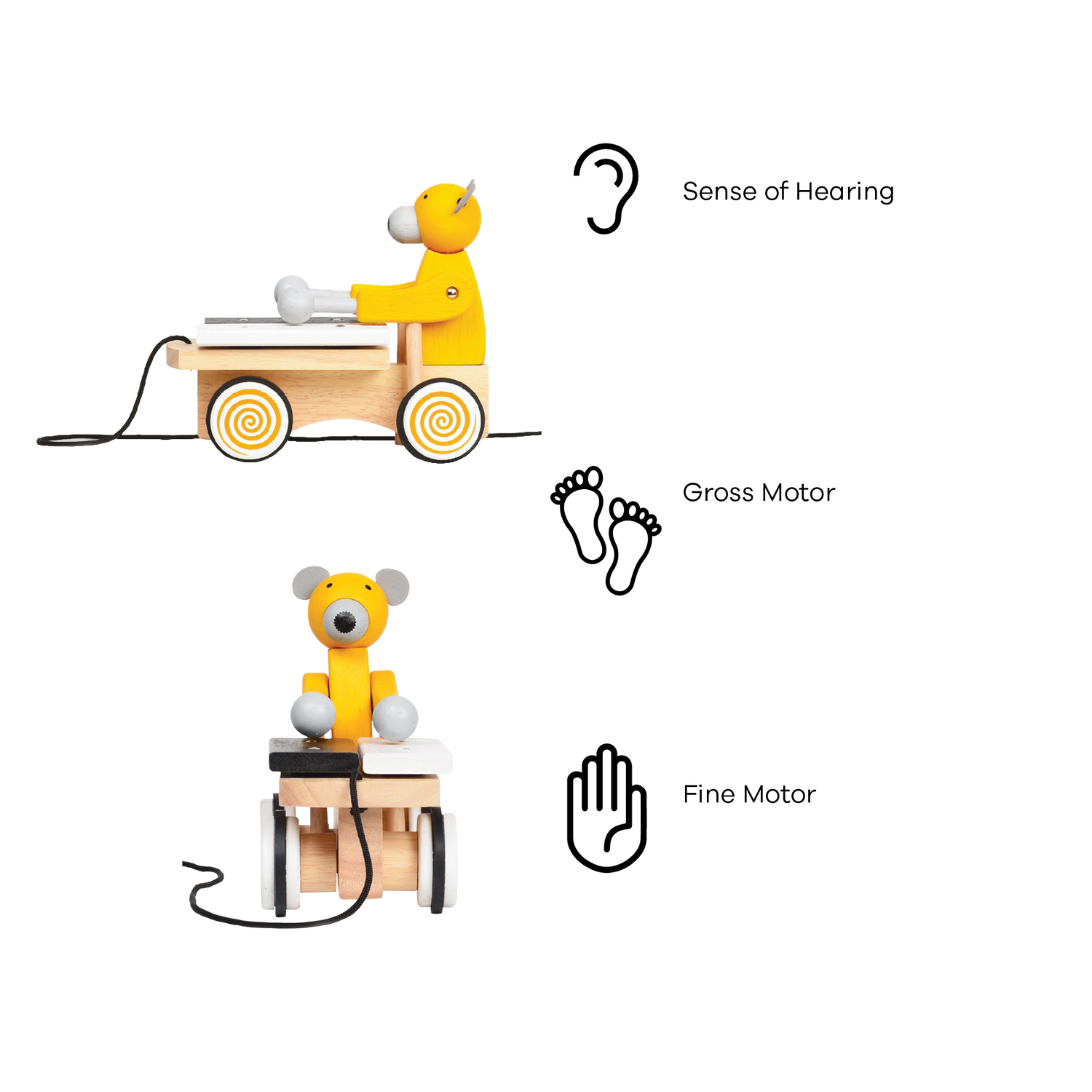 A colorful toy xylophone in the shape of a cartoon bear with yellow body and black hair, attached to a wooden structure resembling a stomach and intestines, on a spiral-patterned base.