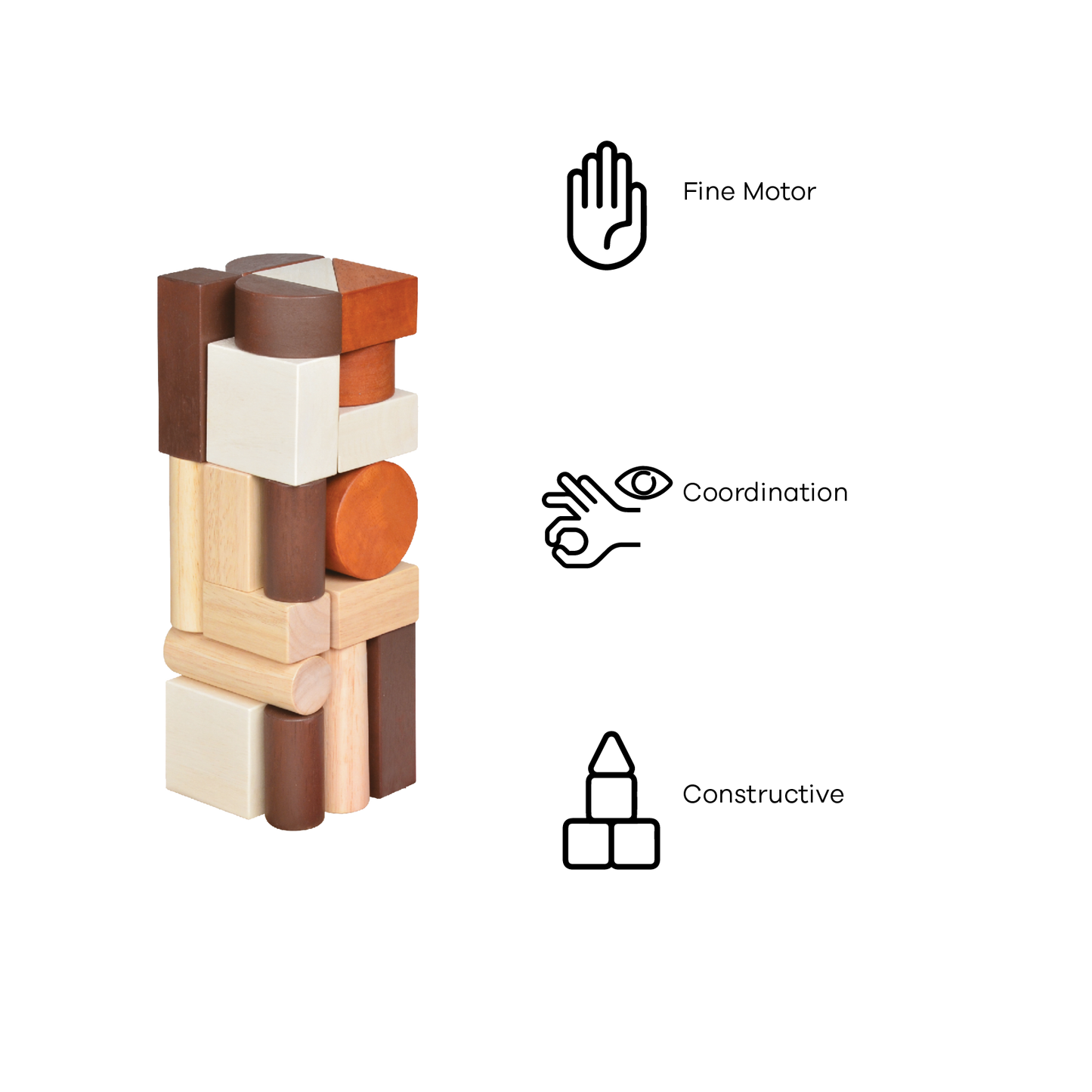A wooden block tower with various shaped blocks including cubes and cylinders, stacked to form a structure.