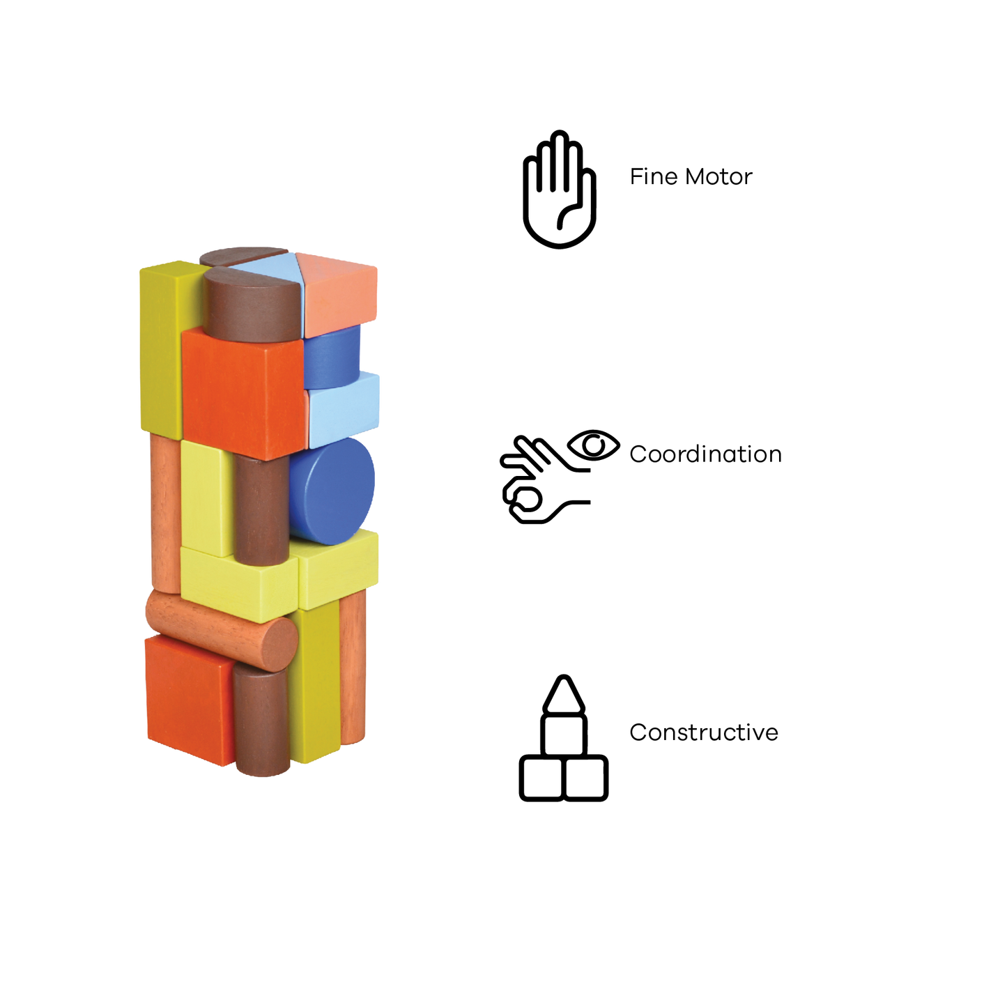 A colorful wooden block tower with various shapes including cubes, triangles, and cylinders.