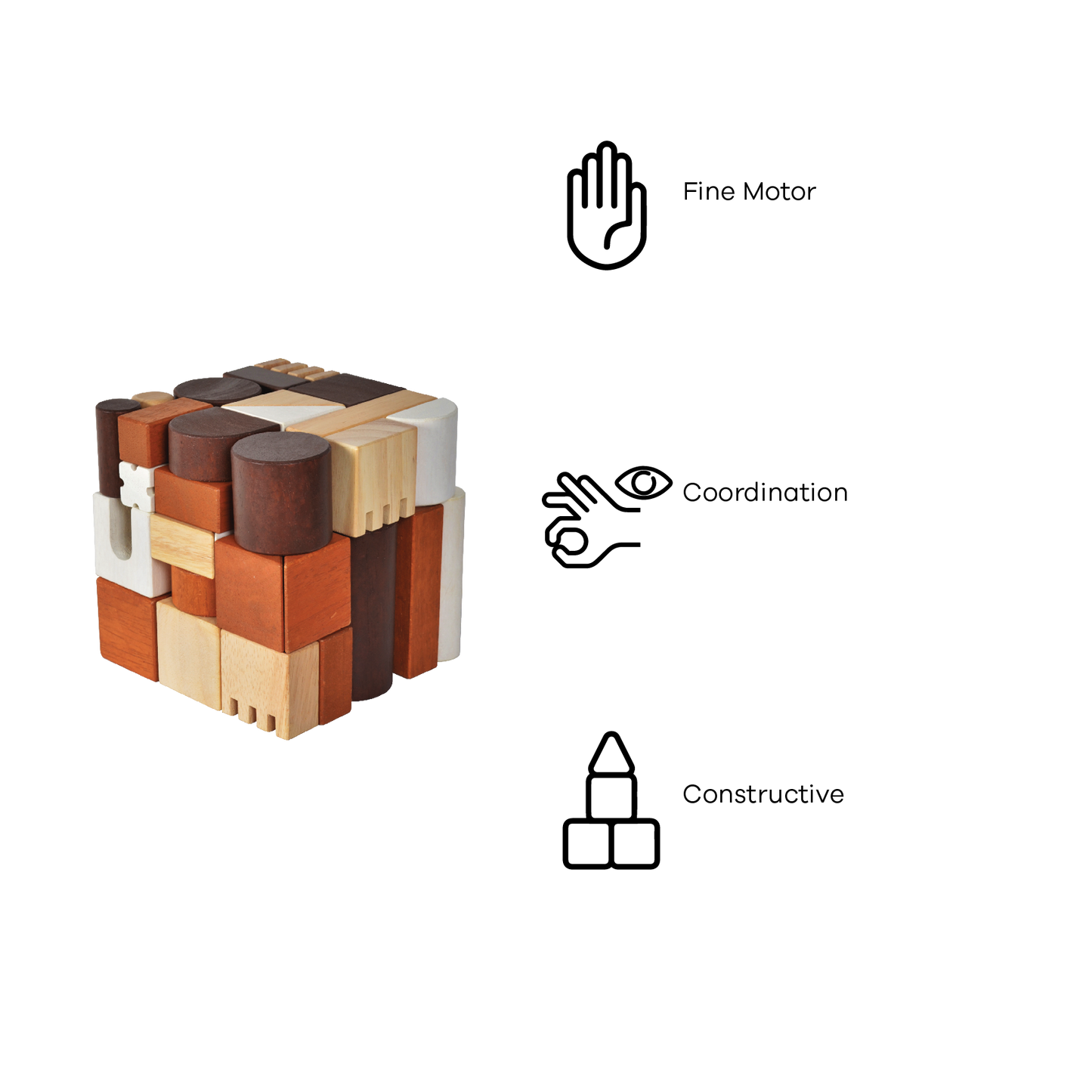 A variety of wooden blocks in different shapes including cubes and cylinders, arranged to form a larger cube-shaped structure.