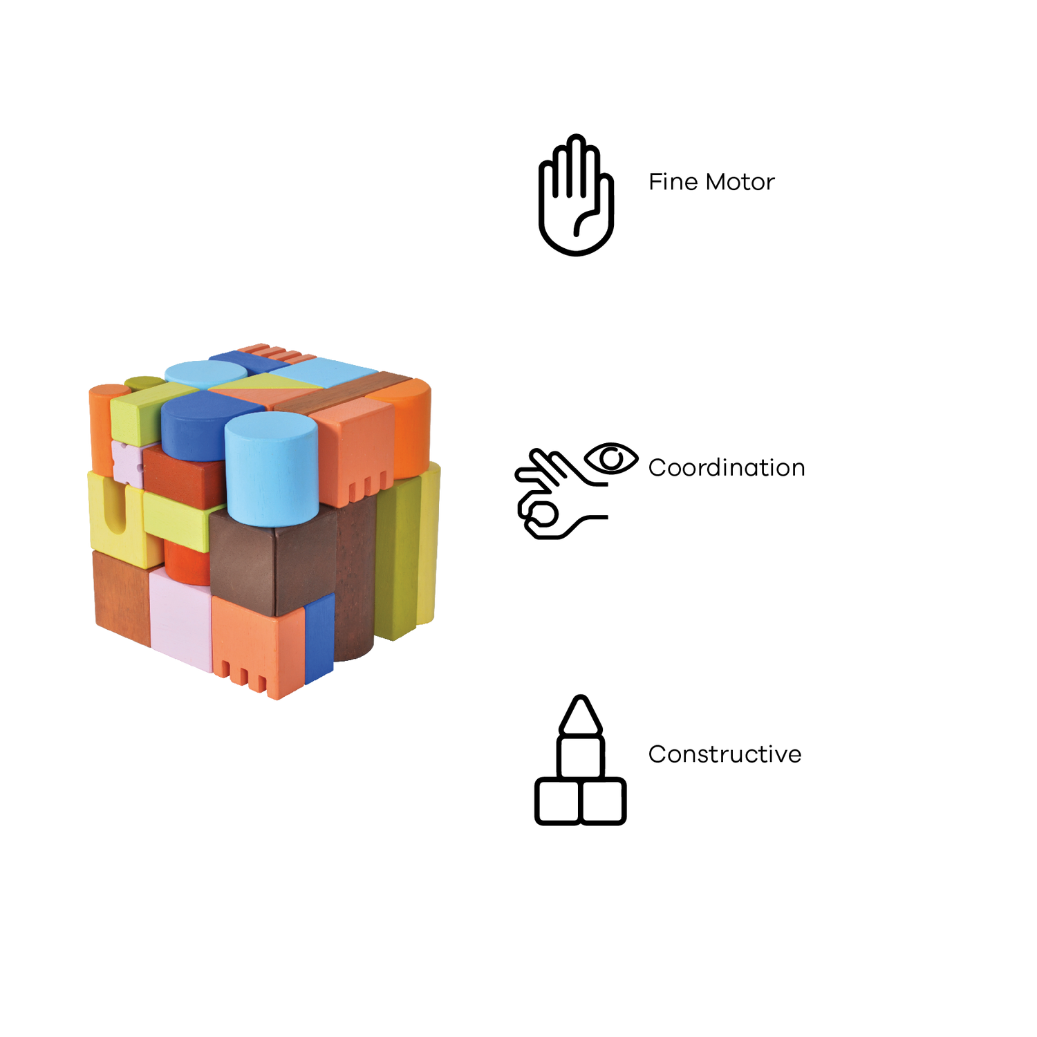 Natural wood unit blocks in cubes, triangles, half-cylinders, columns, and half-circles. Encourages spatial thinking, creativity, and open-ended play.