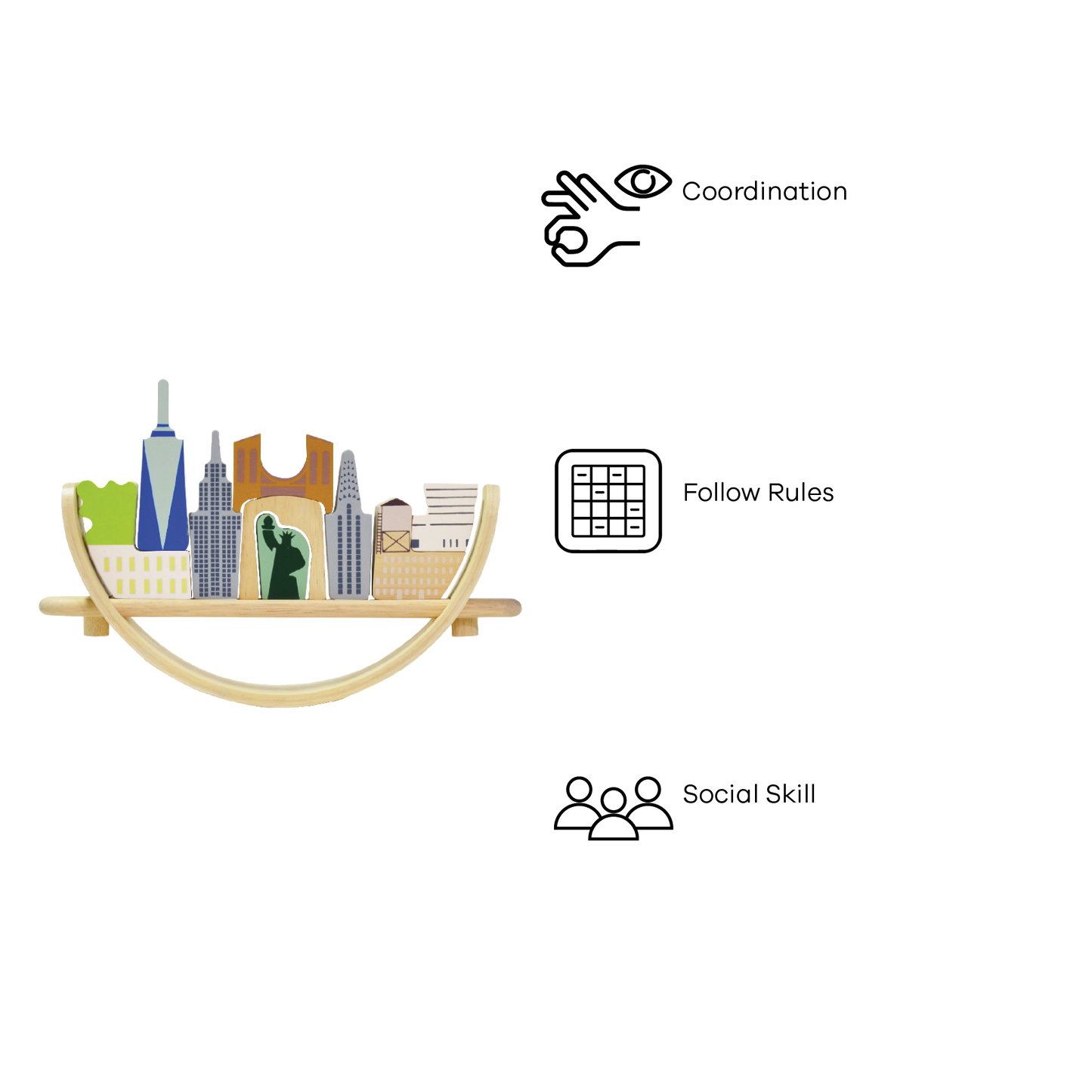 Toys representing New York cityscape arranged on a crescent-shaped base, intended for educational play to promote coordination and social skills.