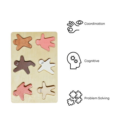 A wooden puzzle with colorful pieces shaped like children standing upright for pretend play and stacking balance.