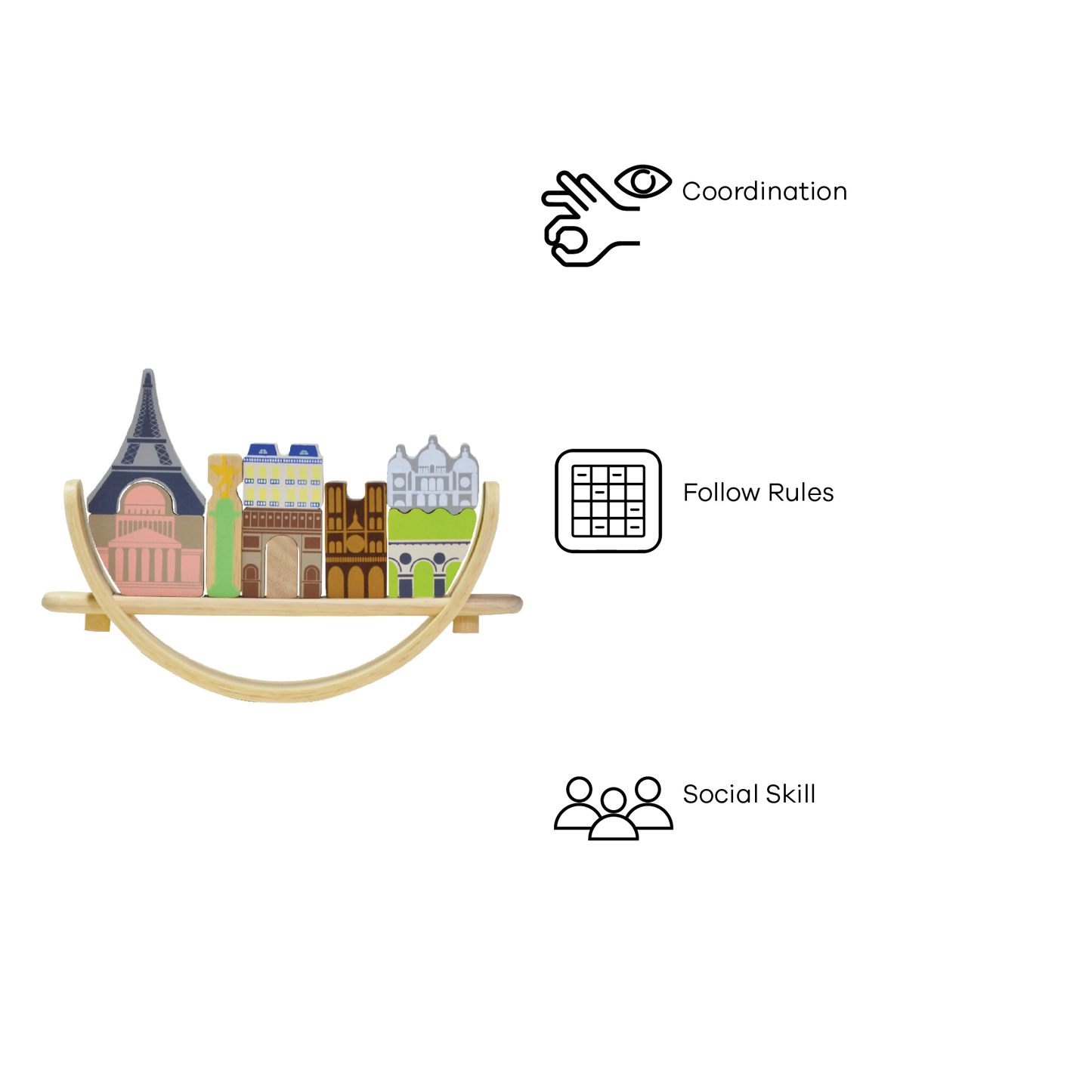 A wooden balancing toy set representing a Paris cityscape, with various colored pieces shaped as famous landmarks and a beige crescent base.