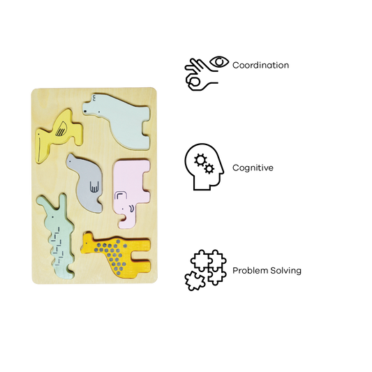 A colorful wooden zoo puzzle board with animal-shaped pieces. Children can sort shapes, stack and balance pieces, count, identify colors, and match animals to their corresponding slots, promoting concentration, fine motor skills, and an understanding of balance and gravity.