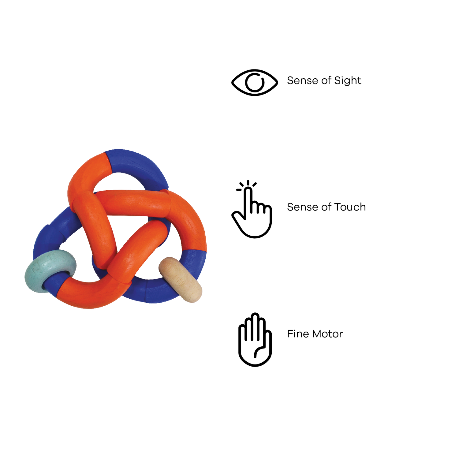 A colorful bendy rattle toy with orange, blue, and green parts connected by knots.