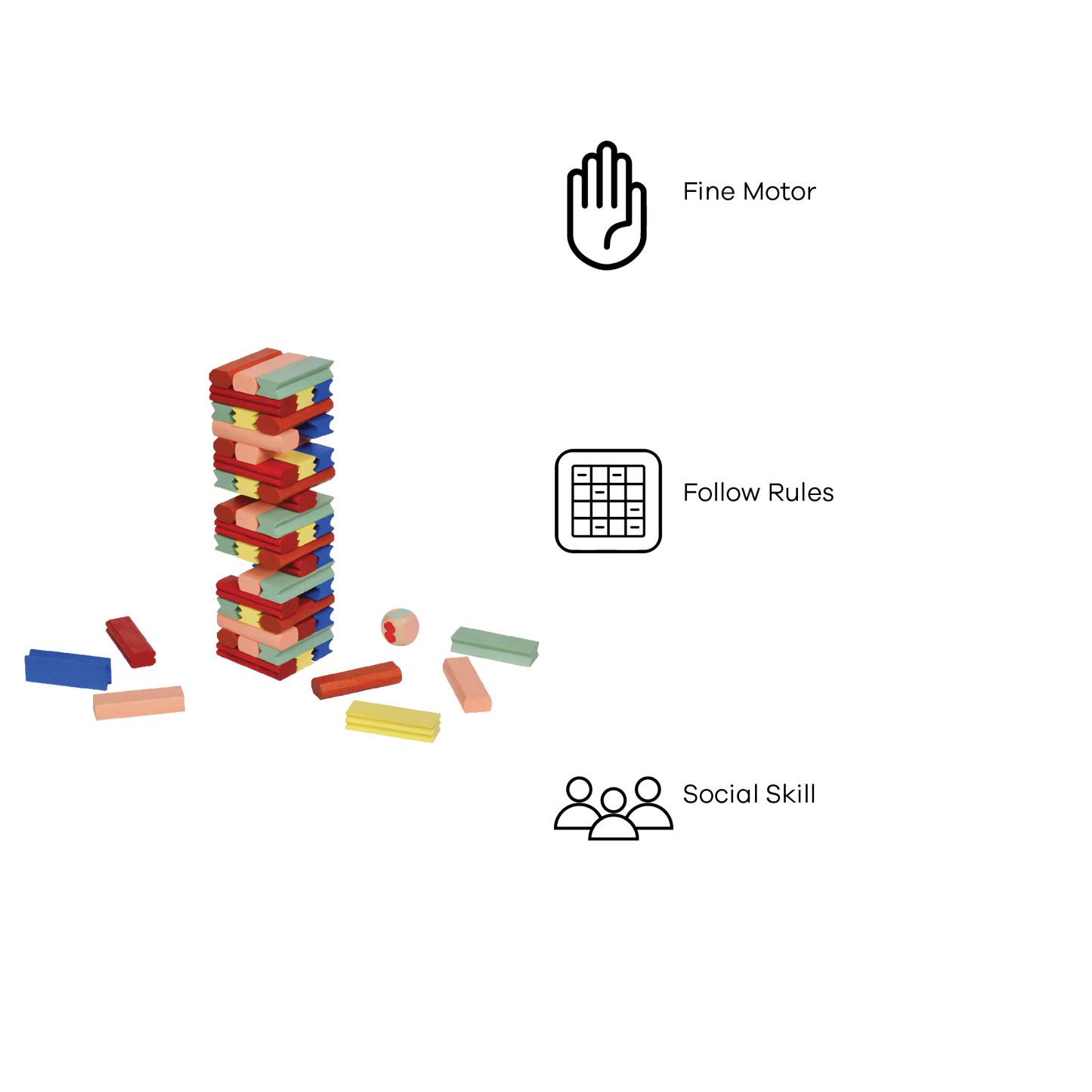 A variety of colorful wooden blocks arranged in a tumbling tower format, with some blocks stacked to form a tower and others spread out on the surface.