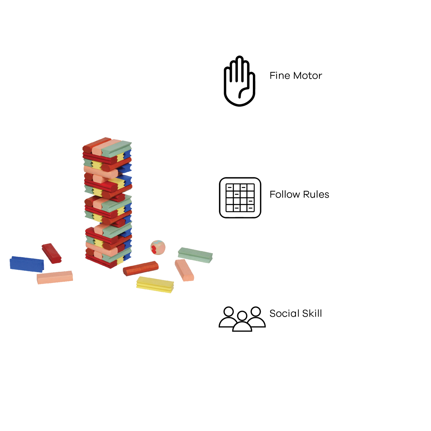 A variety of colorful wooden blocks arranged in a tumbling tower format, with some blocks stacked to form a tower and others spread out on the surface.