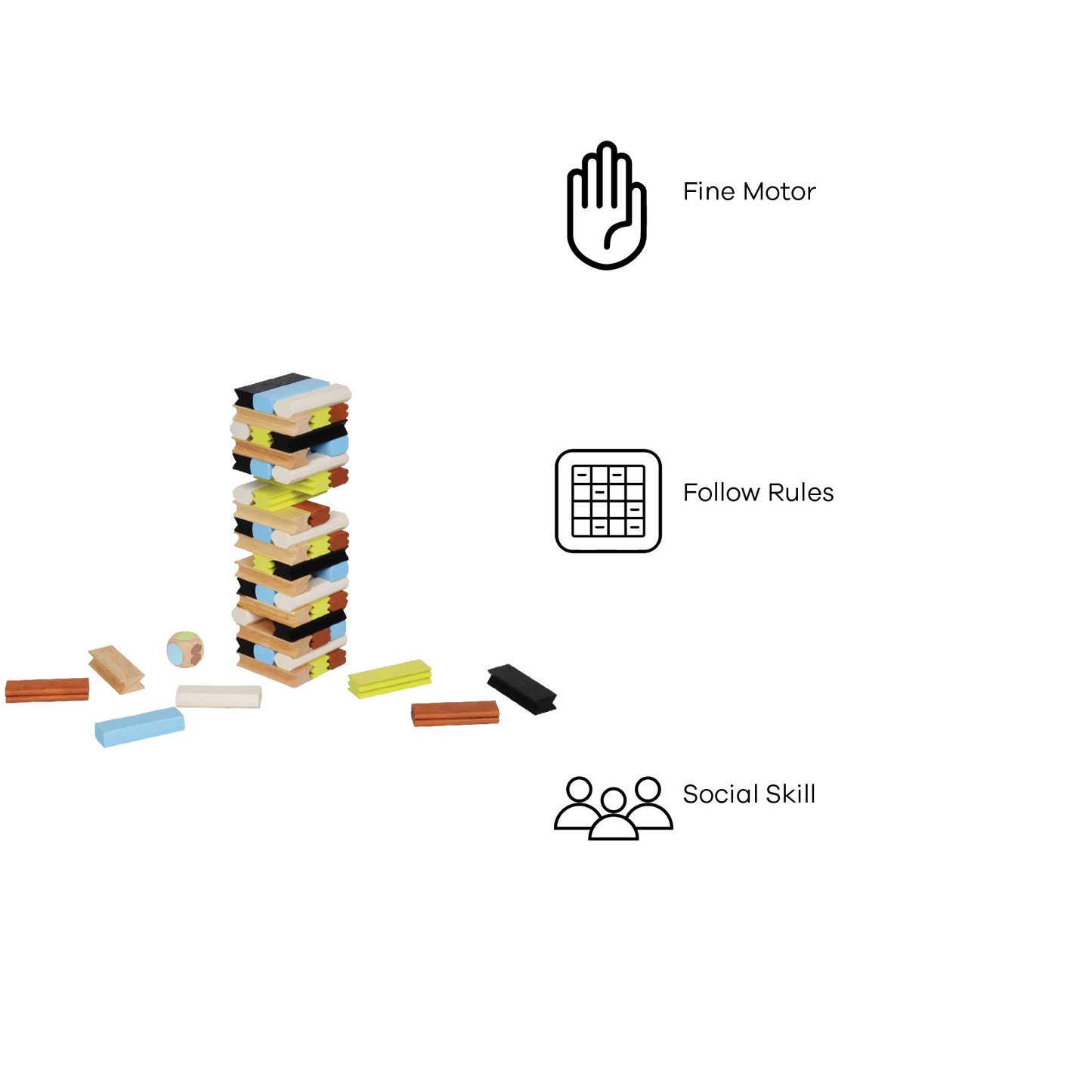 A variety of wooden blocks in different colors toppled over each other, with some positioned upright and a few lying on the ground. There is also a small wooden cube and a die visible in the image.