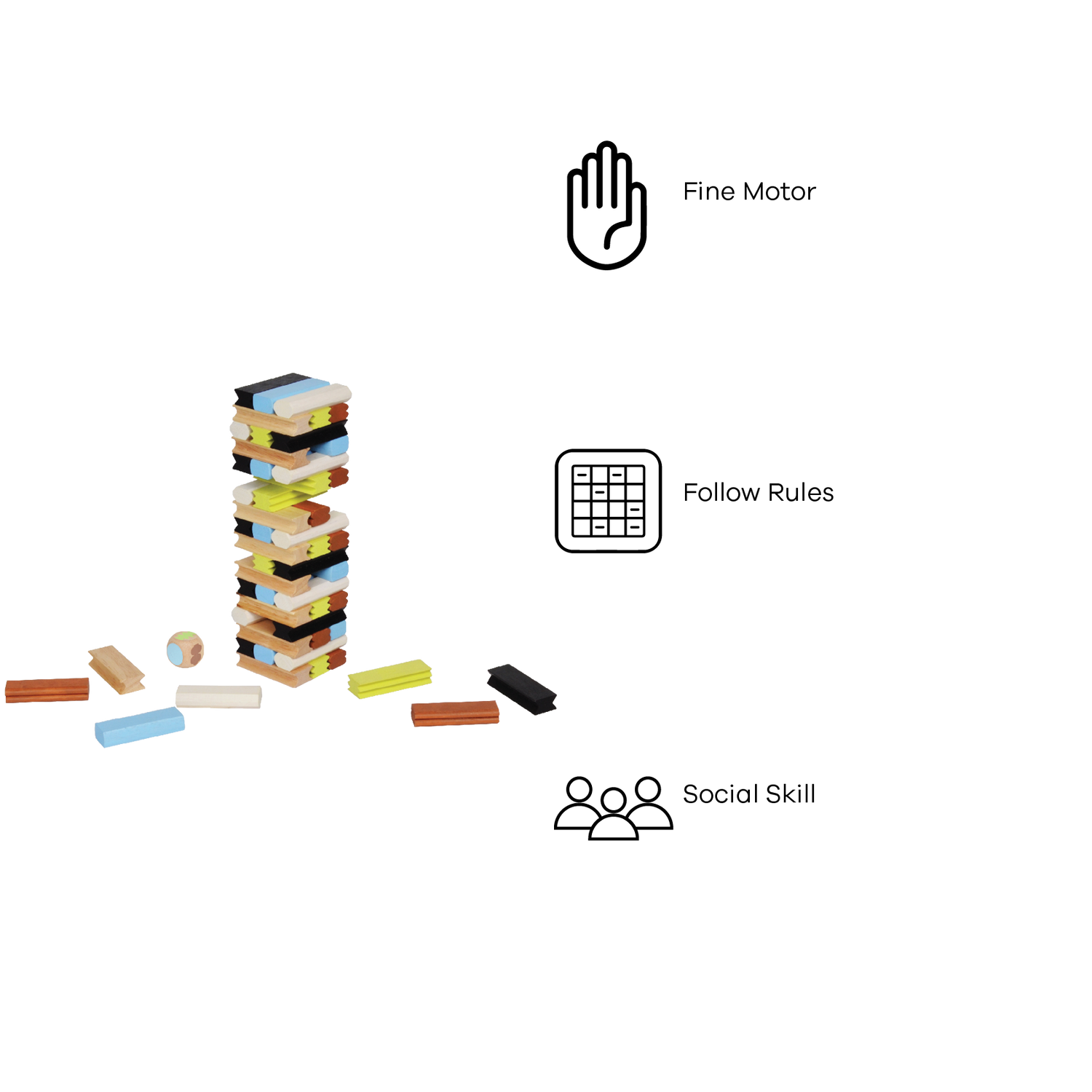 A variety of wooden blocks in different colors toppled over each other, with some positioned upright and a few lying on the ground. There is also a small wooden cube and a die visible in the image.