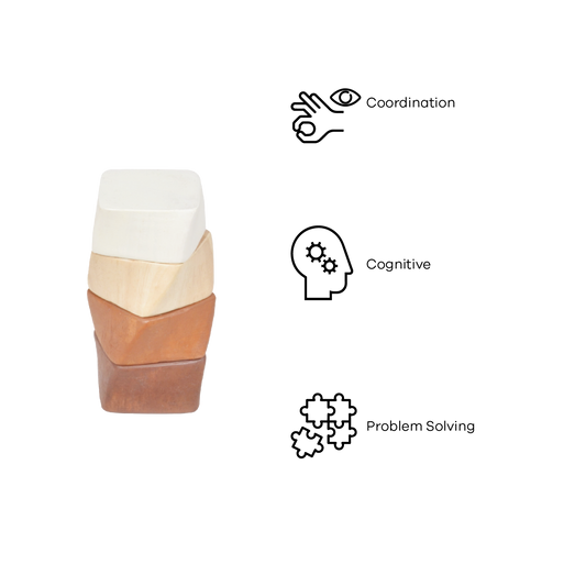 A twisted square column toy with geometric shapes in different colors.
