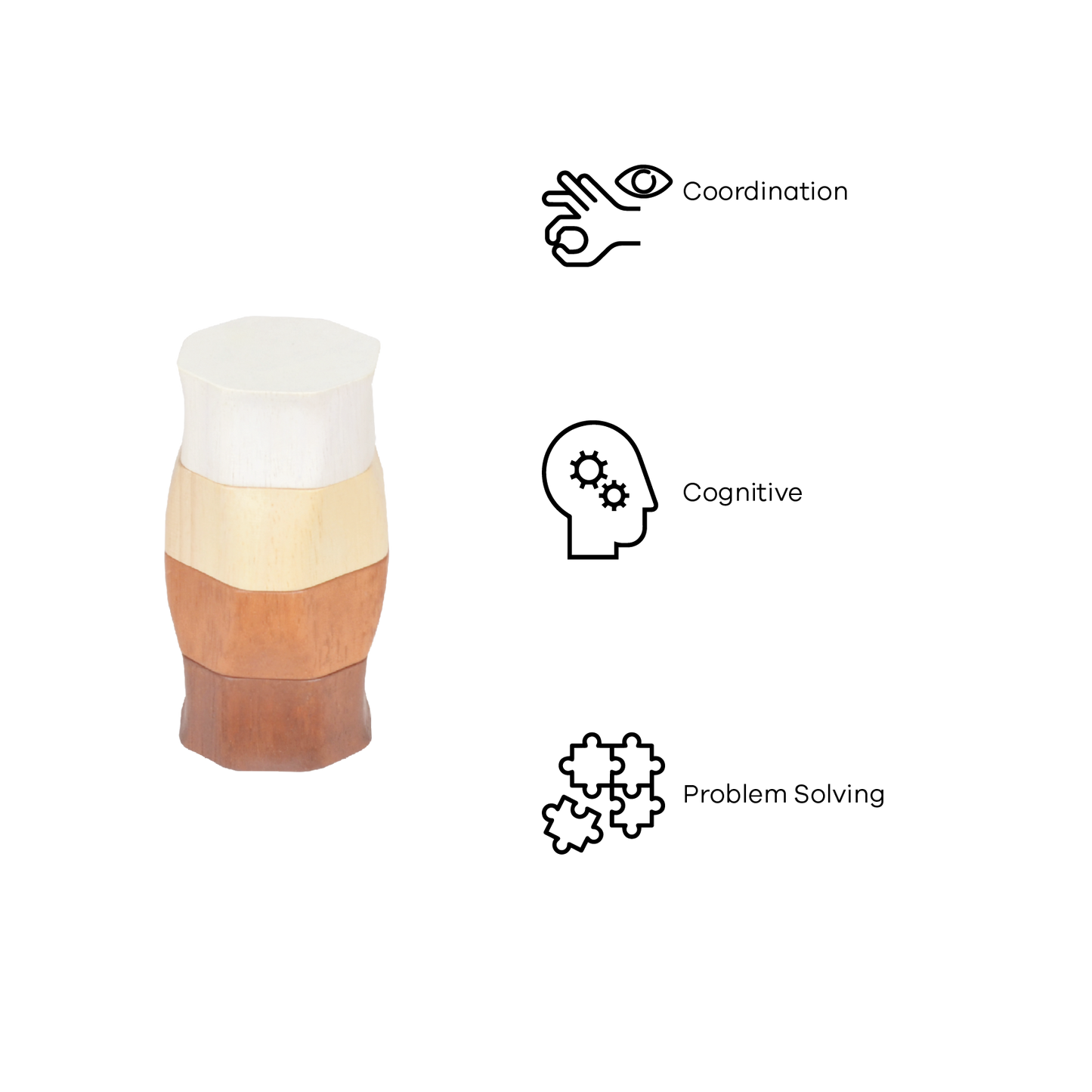 A wooden stacking toy consisting of a conical column with natural wood color bands and a white stacking ring on top.
