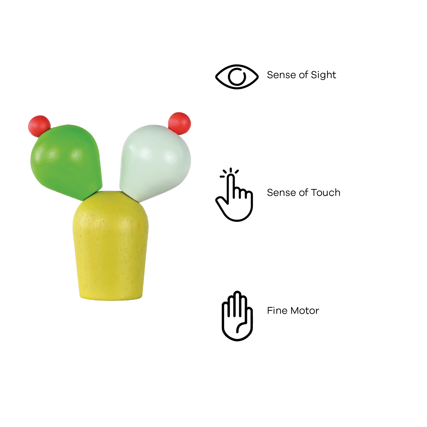 A colorful cactus-shaped baby rattle with green, yellow, and red parts on a wooden base.