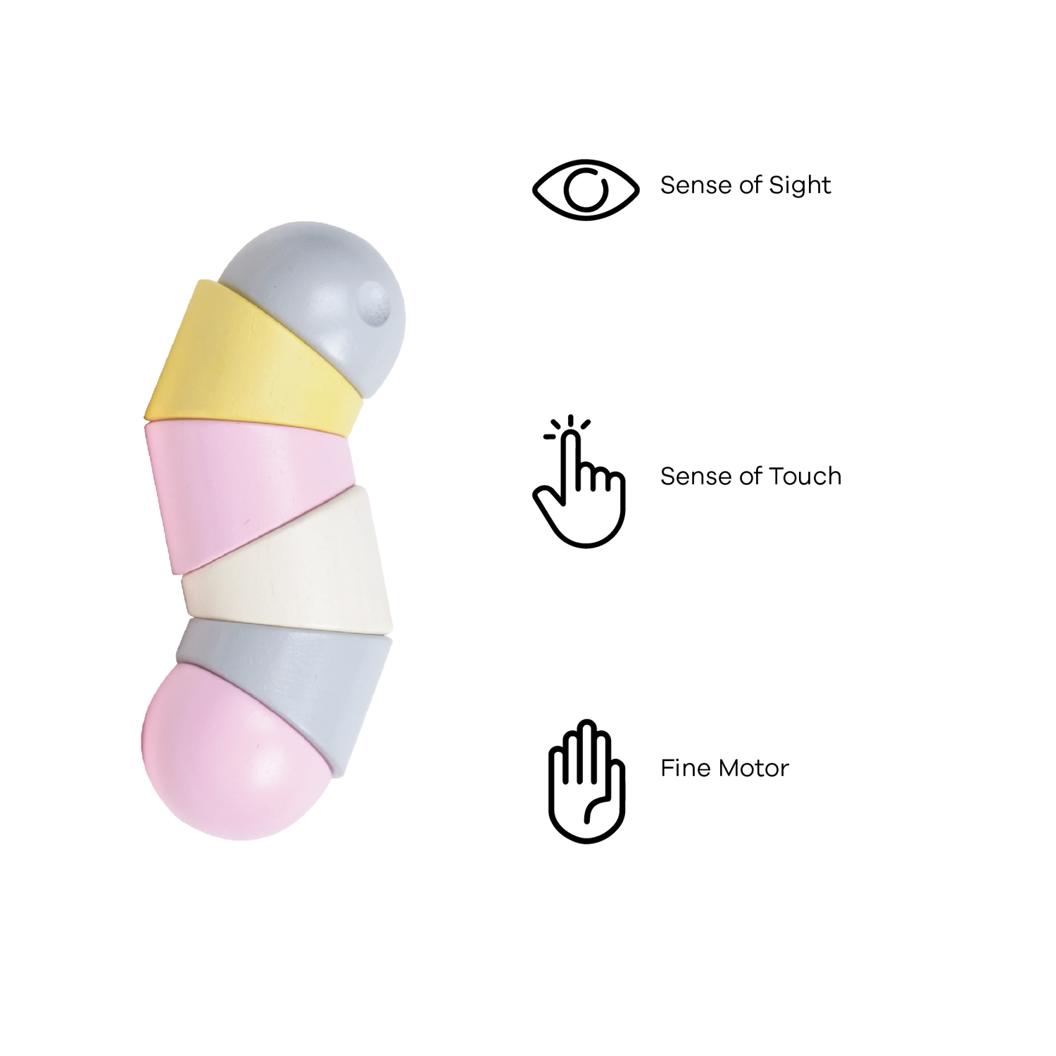 A colorful caterpillar-shaped rattle with segments in pastel pink, yellow, and blue colors, with a soft, plush texture.