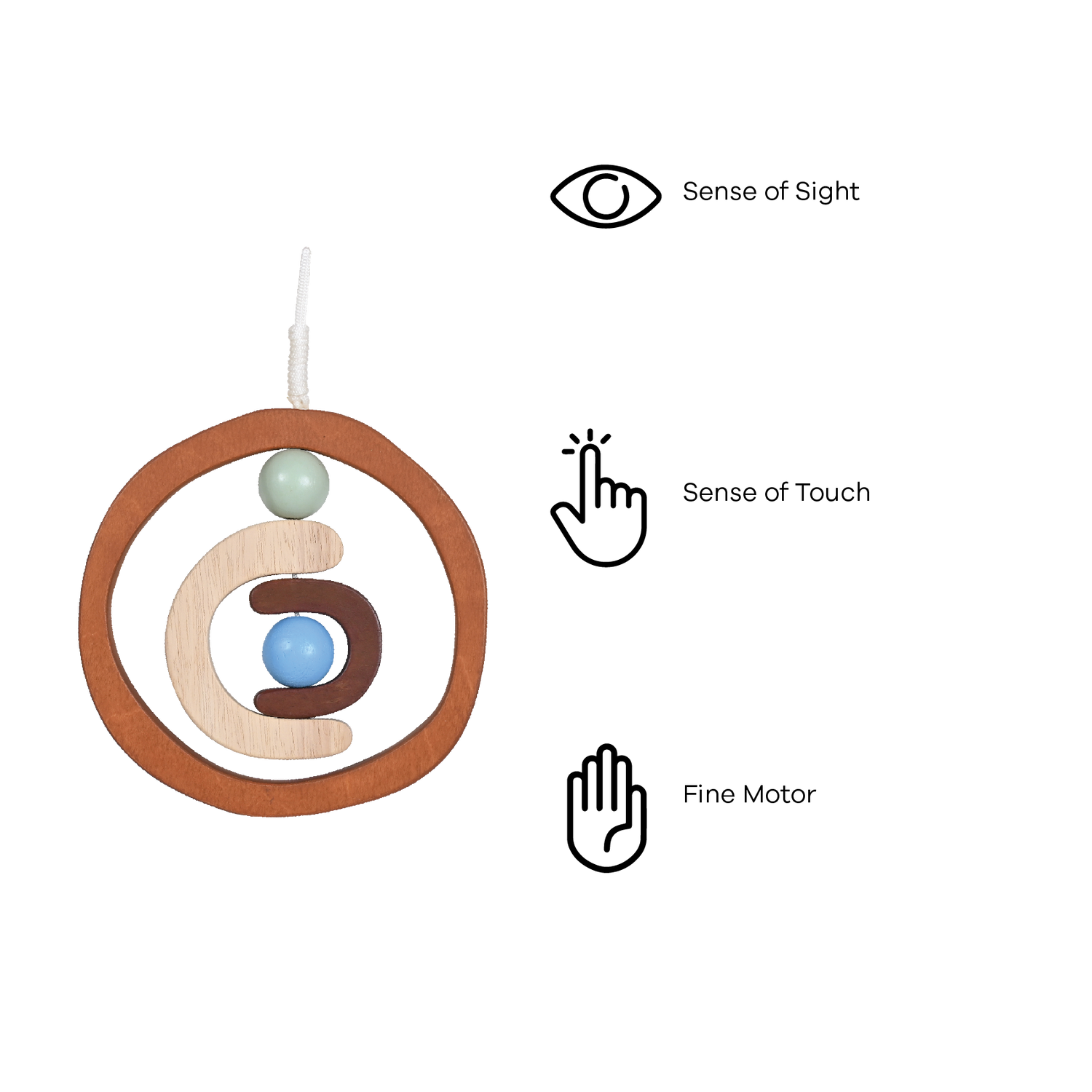 A wooden dream catcher with a circular frame, adorned with a beige and blue spherical ornament, designed as a baby rattle or nursery mobile.