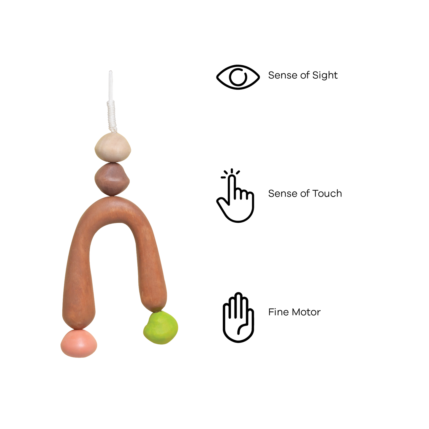 A colorful baby mobile with geometric shapes in brown, pink, green, and blue colors.