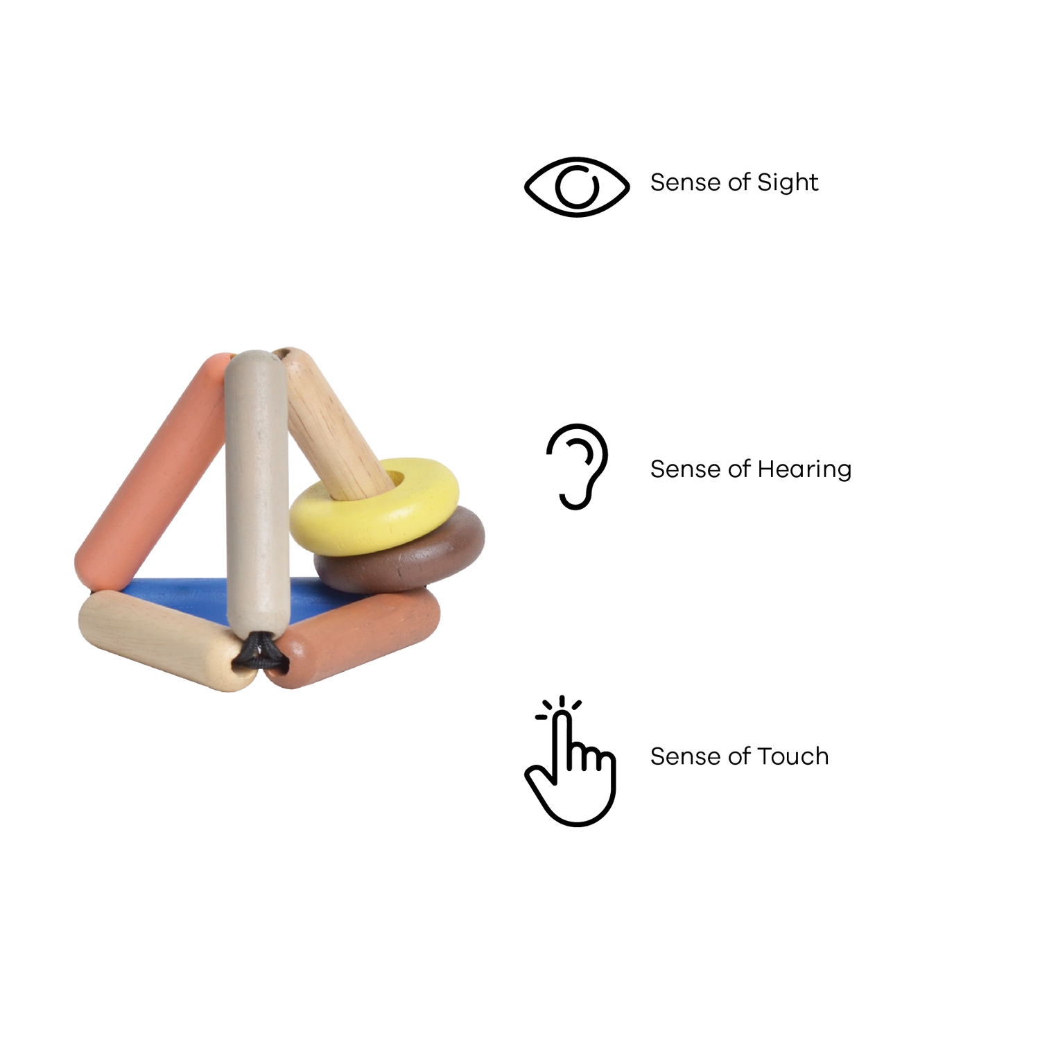 A multicolored baby rattle toy with a geometric shape and a ring design.