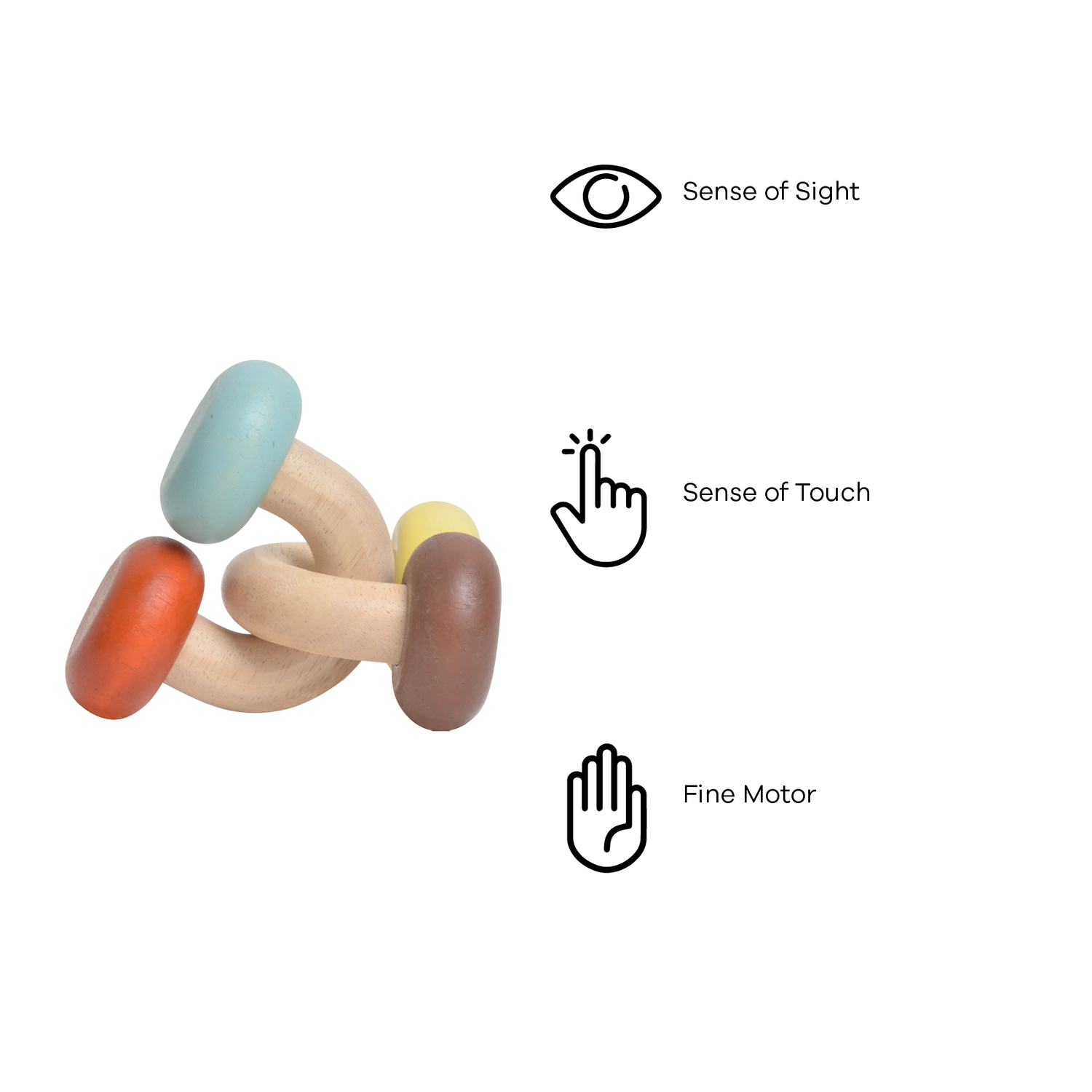 A colorful baby rattle with a wooden chain and plastic beads in shades of blue, red, and beige.